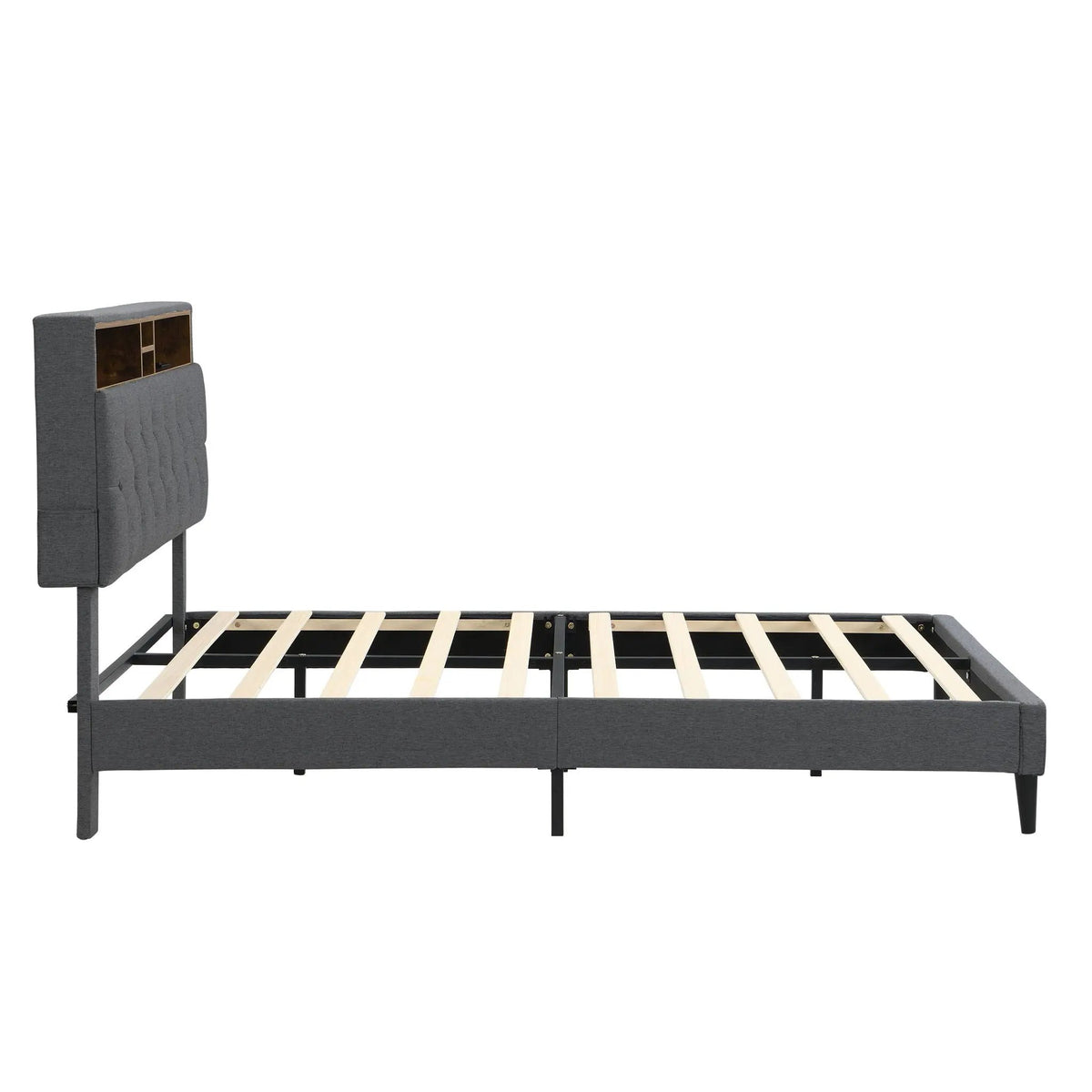 Upholstered Platform Bed Frame | Button Tufted Headboard | Two Storage Compartments | USB Ports And Outlets