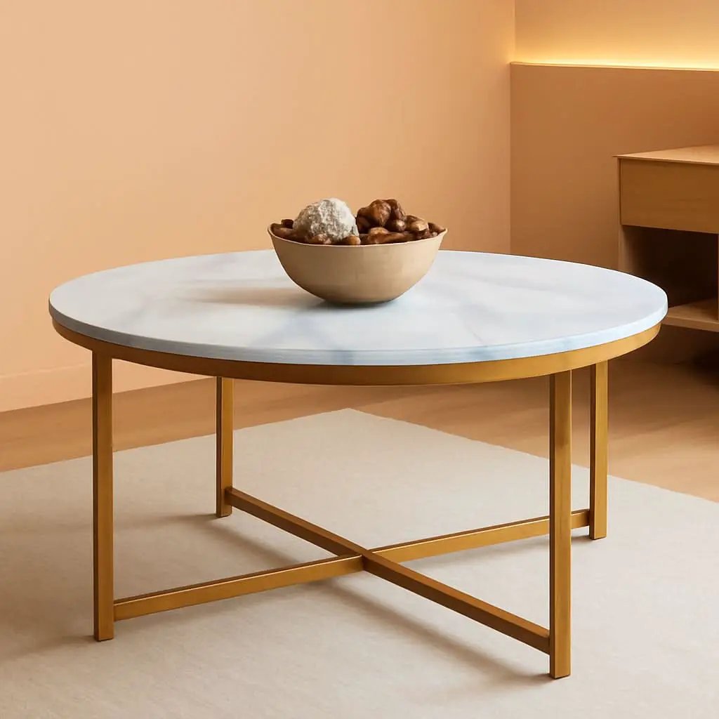 Round Coffee Table With Faux Marble Top Cross Leg Design from PriceLows™