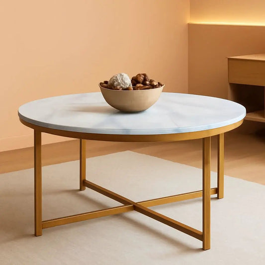 Round Coffee Table With Faux Marble Top Cross Leg Design from PriceLows™
