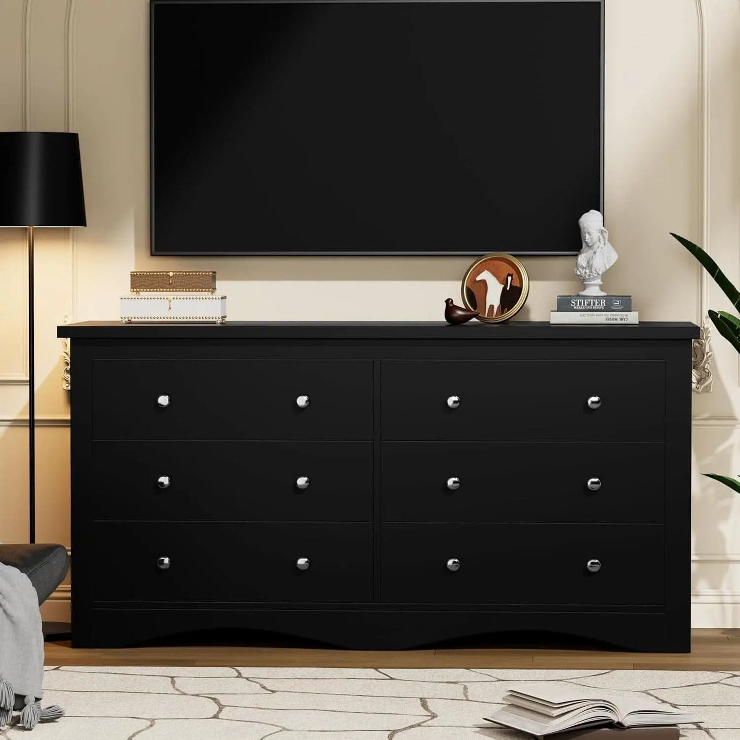 Glossy Black 52 Inch Six Drawer Dresser for Modern Storage from PriceLows™