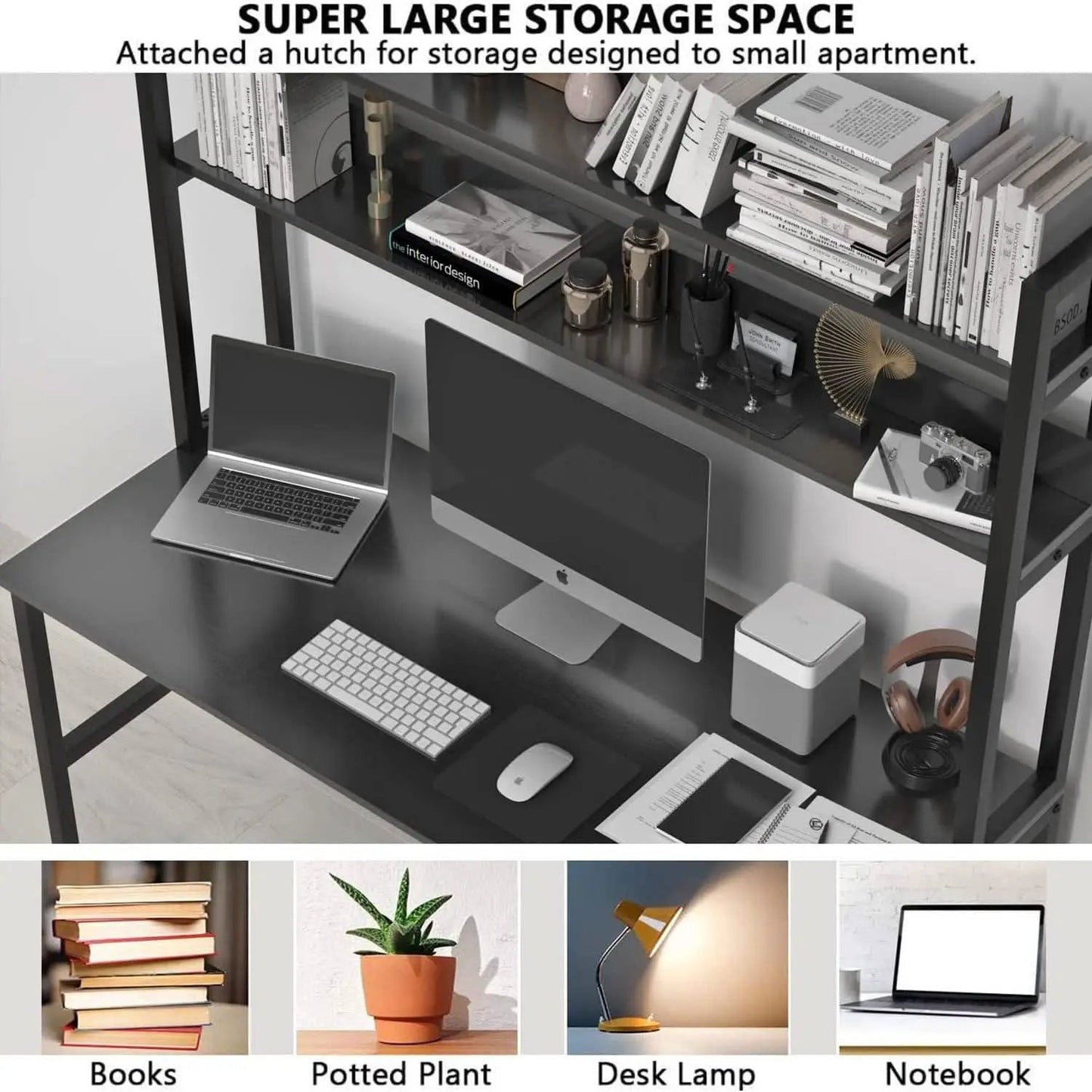 Black Computer Desk With Hutch And Bookshelf Extra Large Desktop from PriceLows™