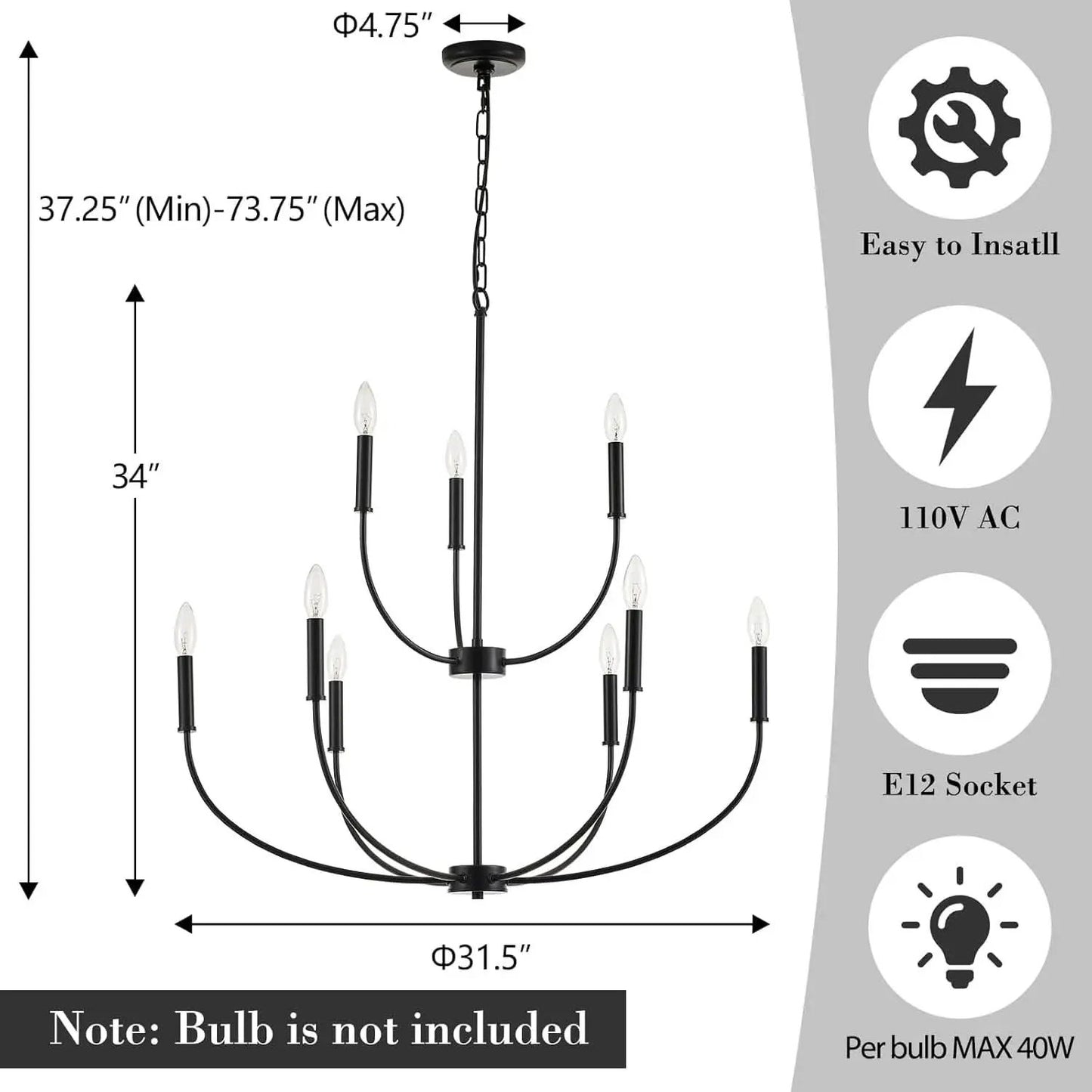 Nine Light Black Chandelier For Entryway Modern Farmhouse from PriceLows™