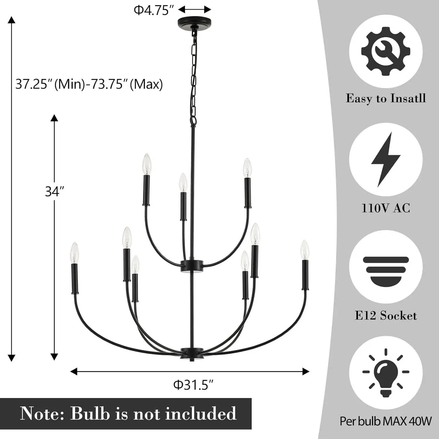 Nine Light Black Chandelier For Entryway Modern Farmhouse from PriceLows™