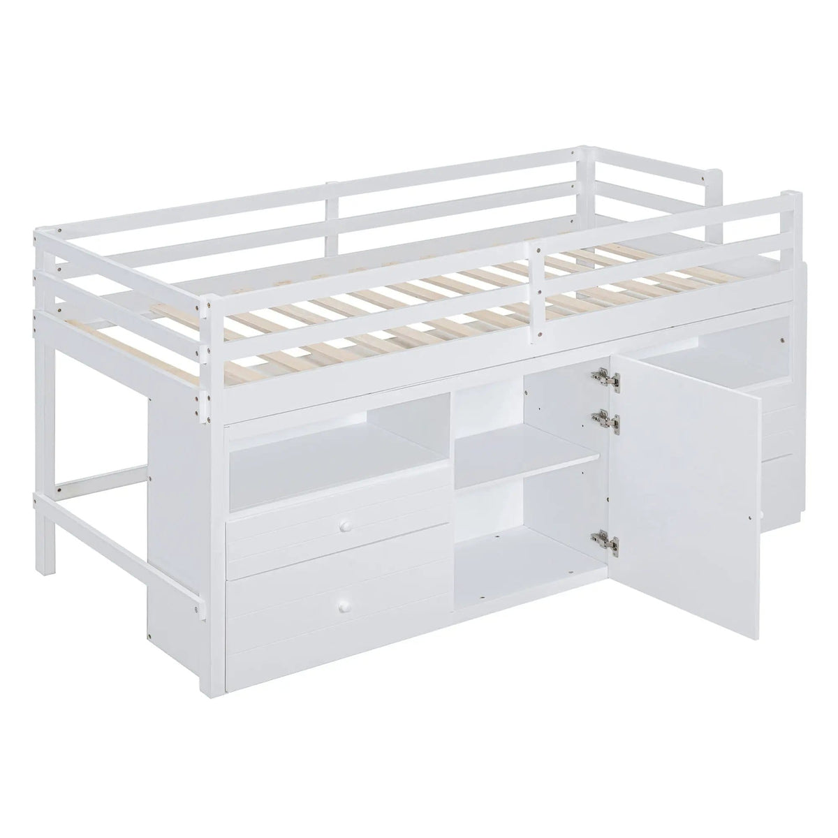 Loft Bed With 4 Drawers, Underneath Cabinet And Shelves | 81.8 x 40.8 x 43.3 in | Pine Wood | Bedroom