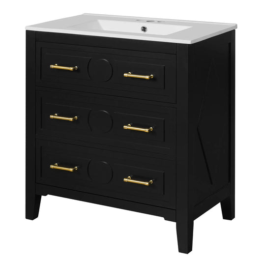 30 Inch Retro Bathroom Vanity | Free Standing Single Set | 3 Drawers | Solid Wood Frame