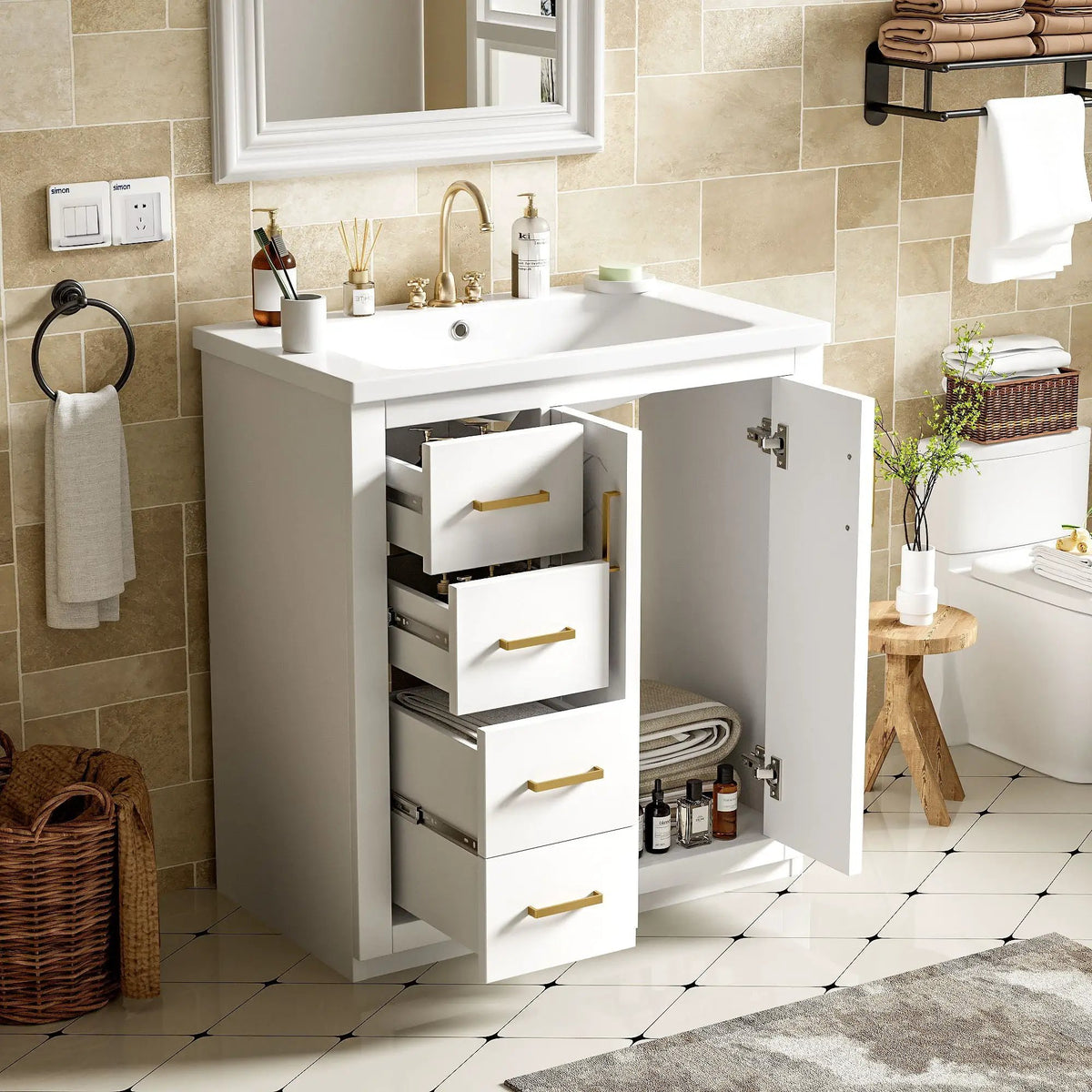 30 Inch Bathroom Vanity | 3 Drawers Soft Close | Solid Wood Ceramic Combo