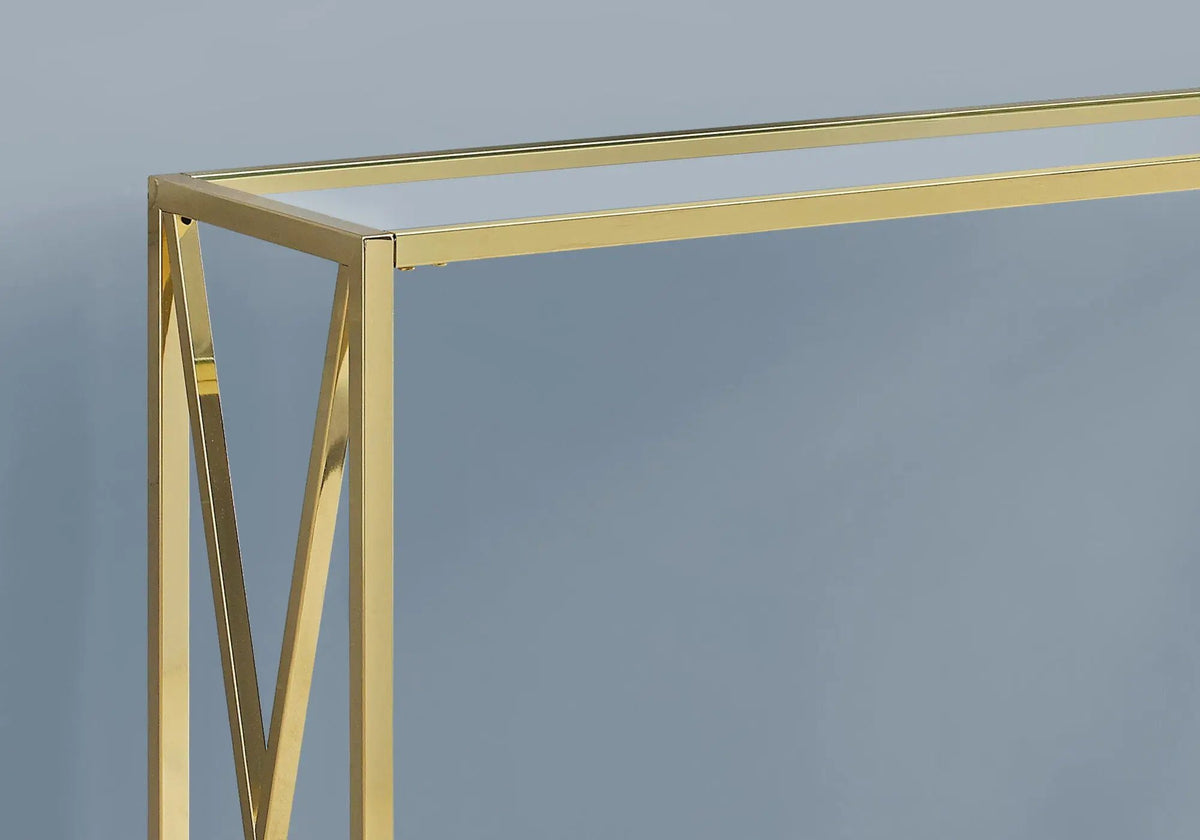 Gold Entryway Console Table | 42.25 Inch Width | Clear Tempered Glass Top | X-Design Metal Base