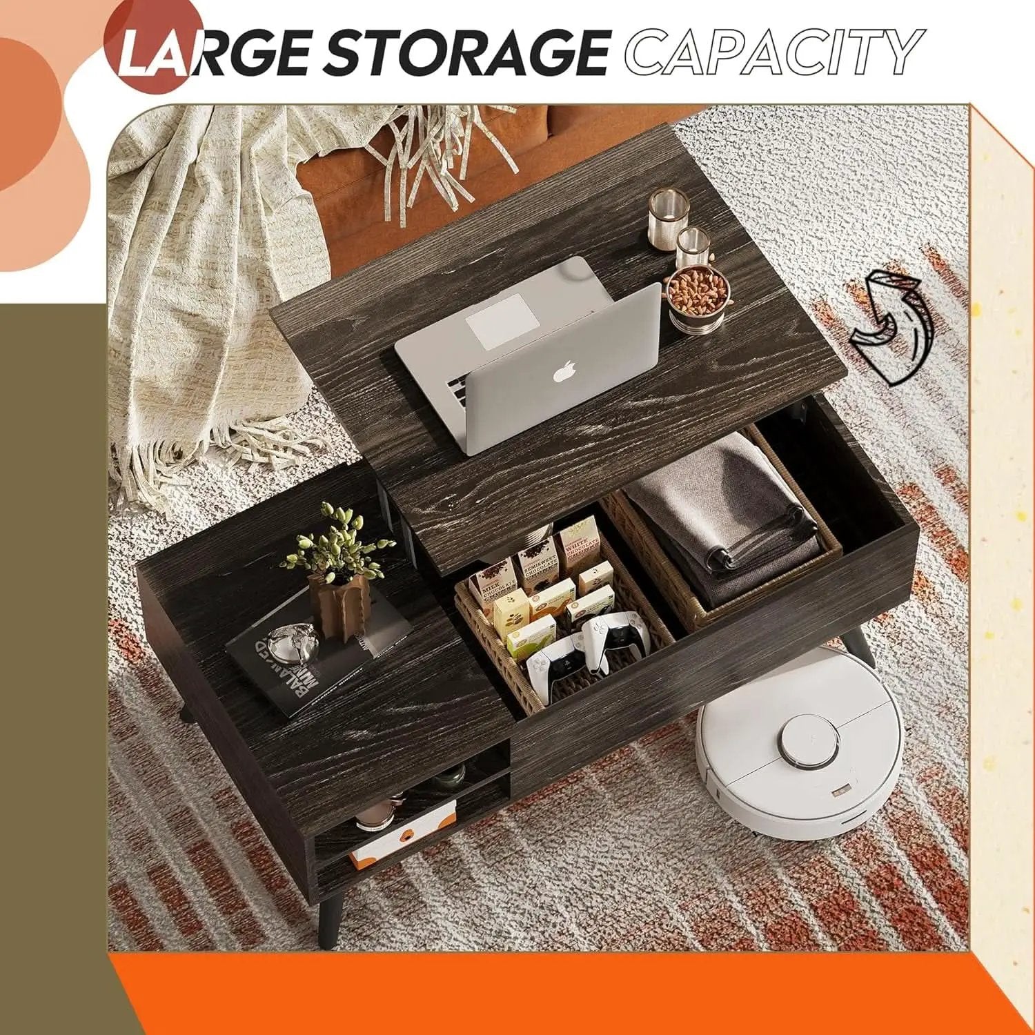 Wood Lift Top Coffee Table Hidden Compartment Charcoal from PriceLows™
