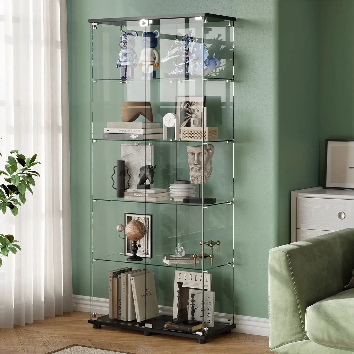 Display Cabinet With Lock | Double Doors | 5mm Tempered Glass Shelves | 50 Lb Shelf Capacity