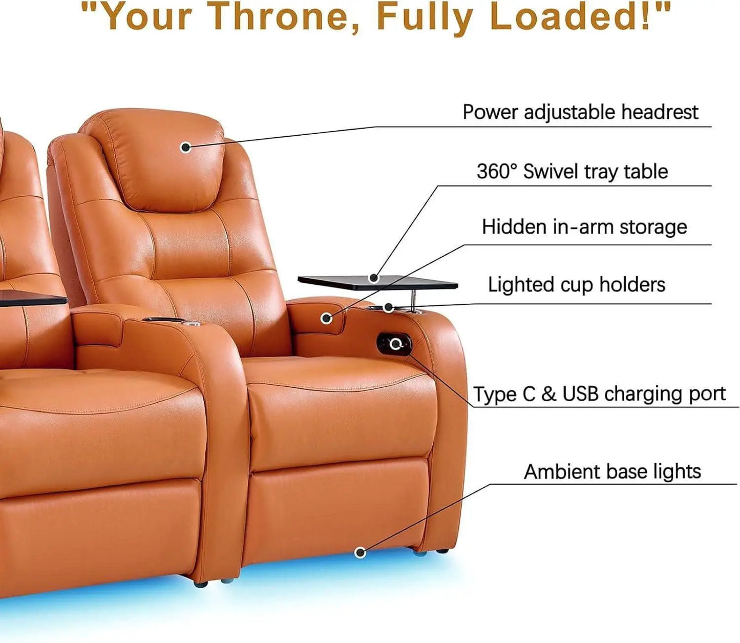 Orange Top Grain Leather Home Theater Seating Row Of Three USB Charger from PriceLows™