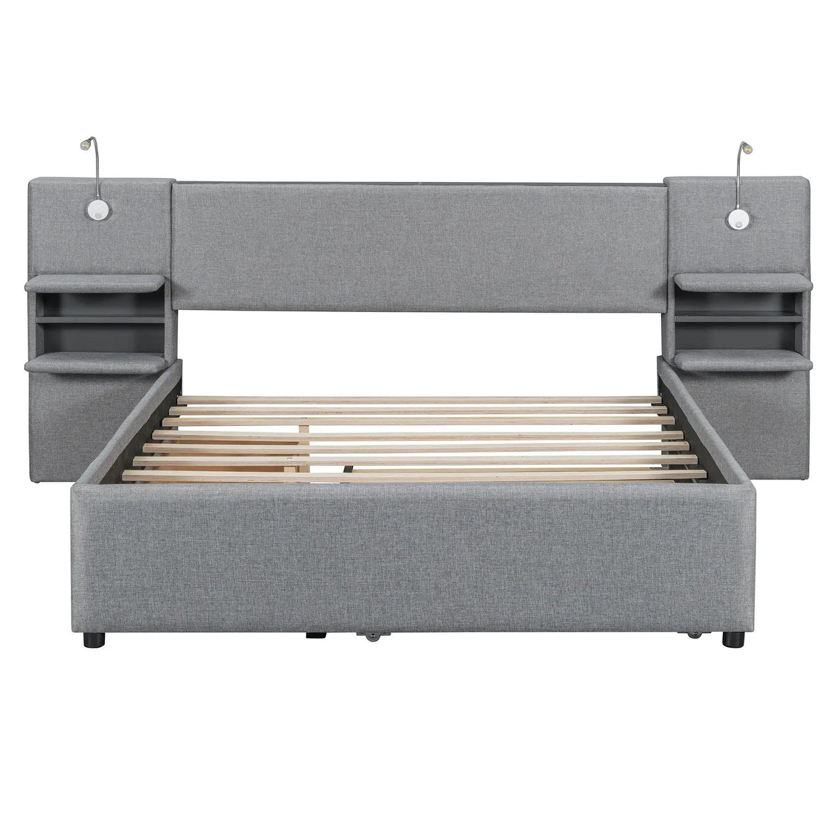 Upholstered Platform Bed | Reading Lights | Drawers And Trundle | Storage Shelves