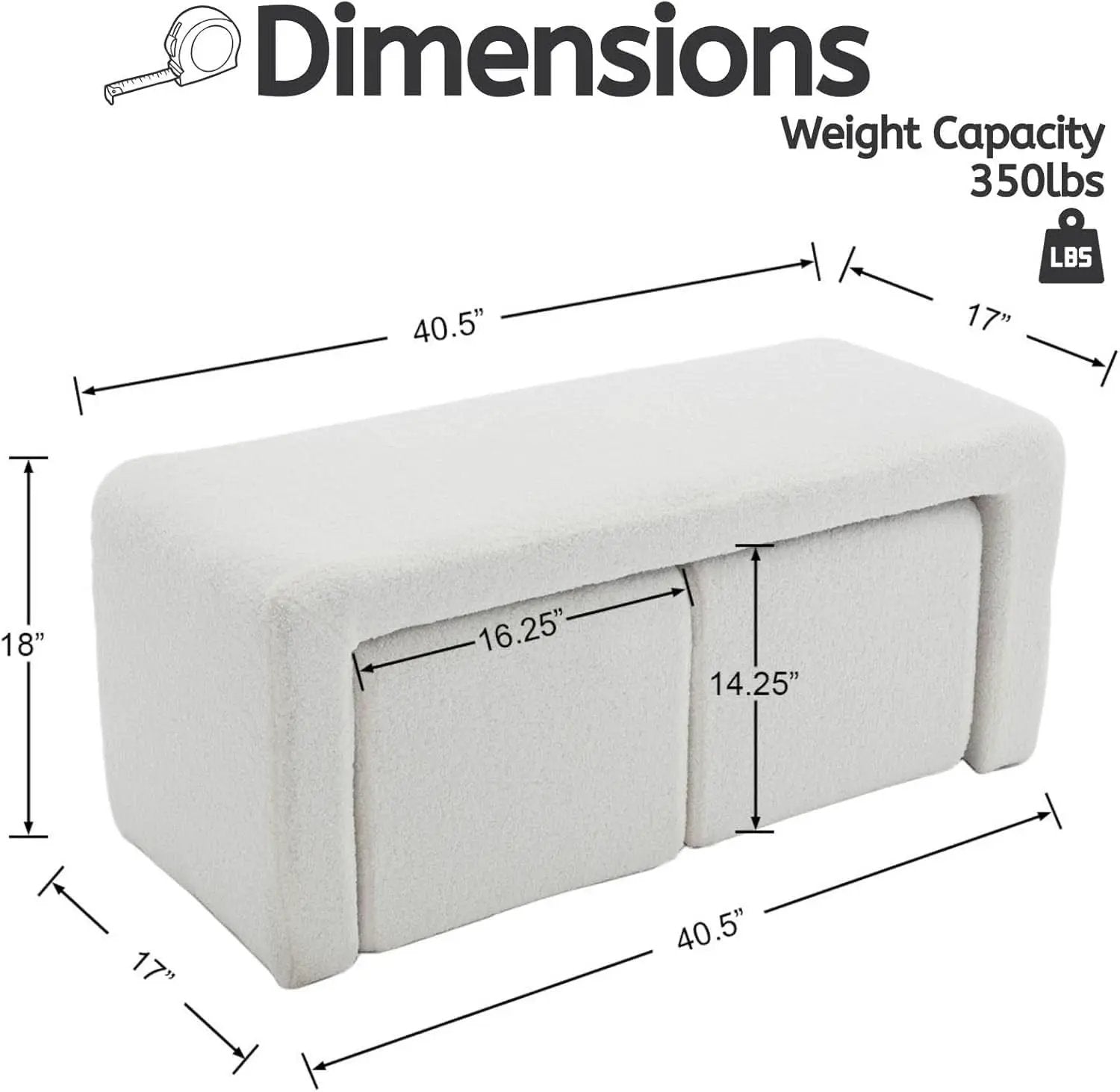 White 40Inch Lux Velvet Plus Nesting Ottoman End Bench from PriceLows™