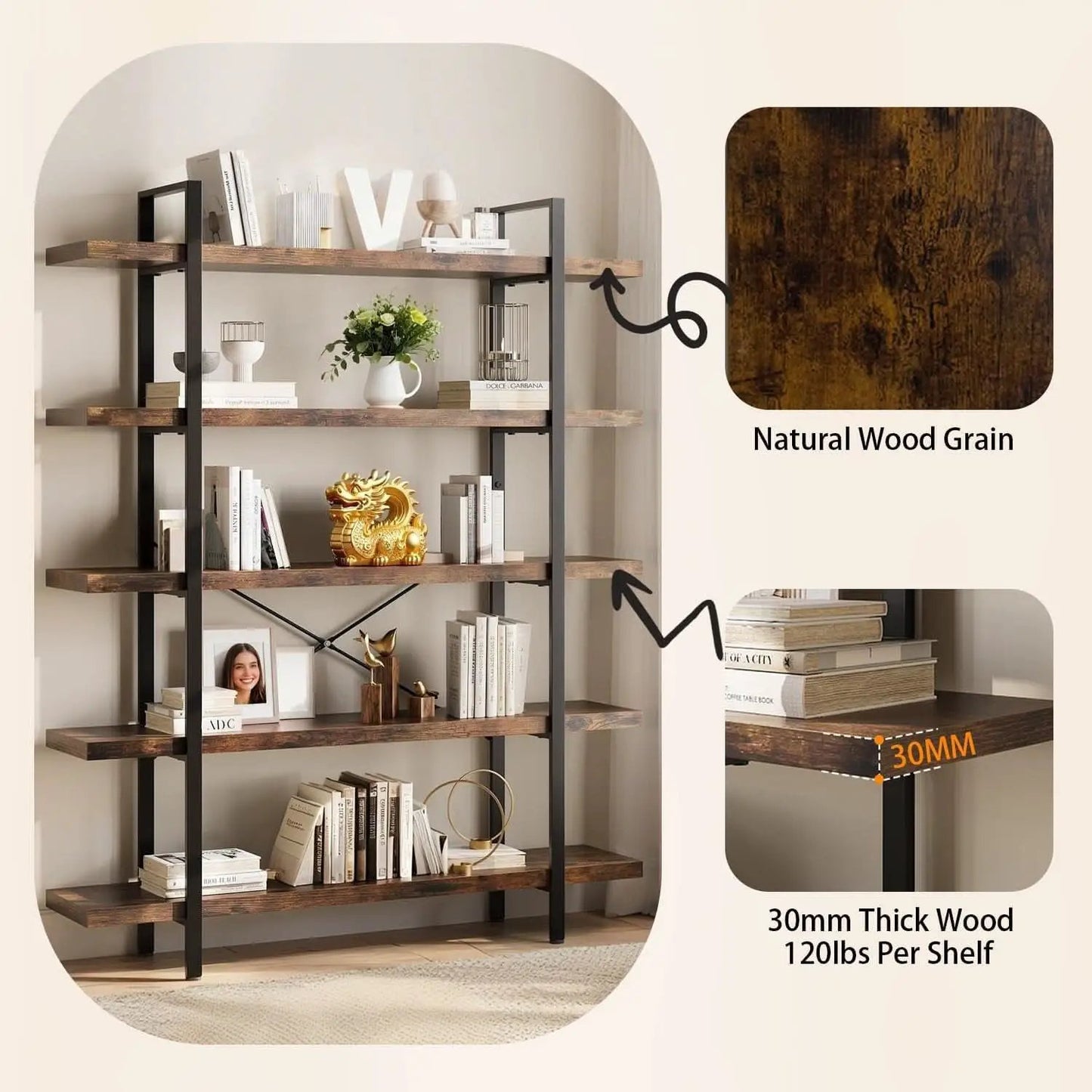 Brown 47 Inch Wide Industrial Bookcase Open Shelves from PriceLows™