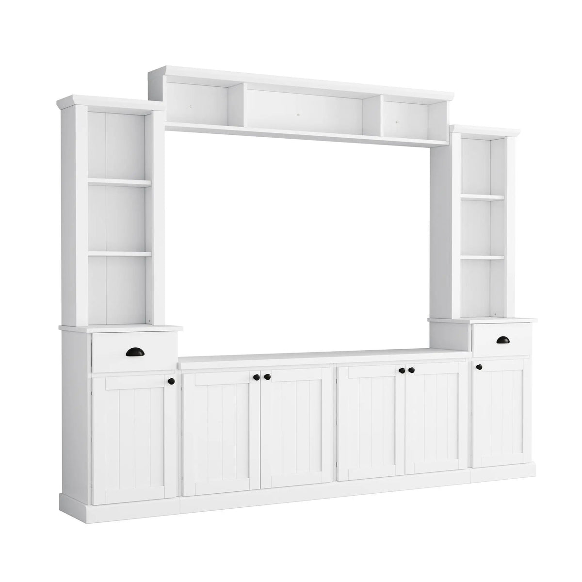 Minimalist Entertainment Wall Unit | Fits TVs Up To 75 Inch | Adjustable Bridge Height | Plank-Inspired Doors