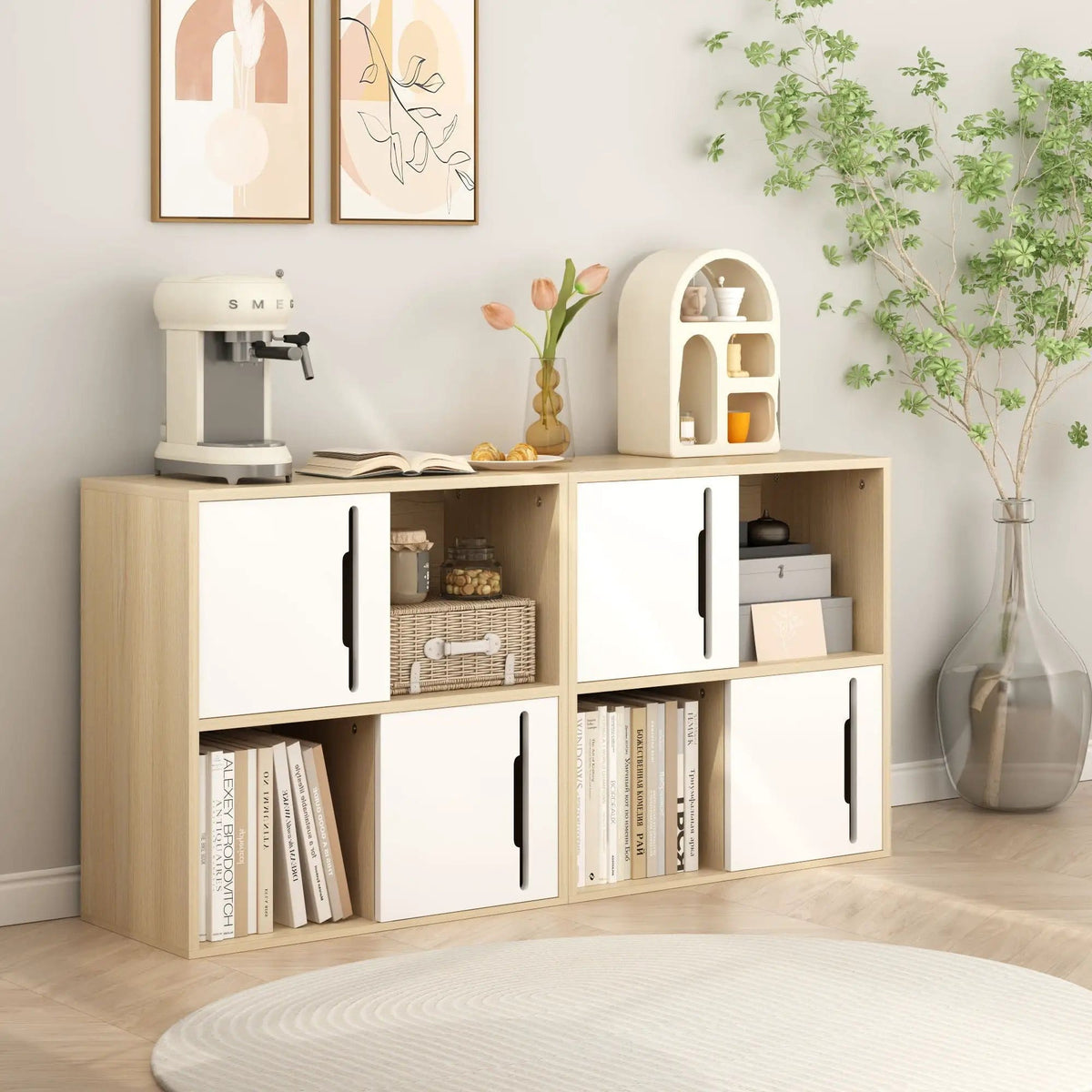 Storage Cabinet With Sliding Doors, 2 Tier Open And Closed Shelves Organizer Natural | 23.62 x 11.81 x 23.62 in | Mdf & Wood | White