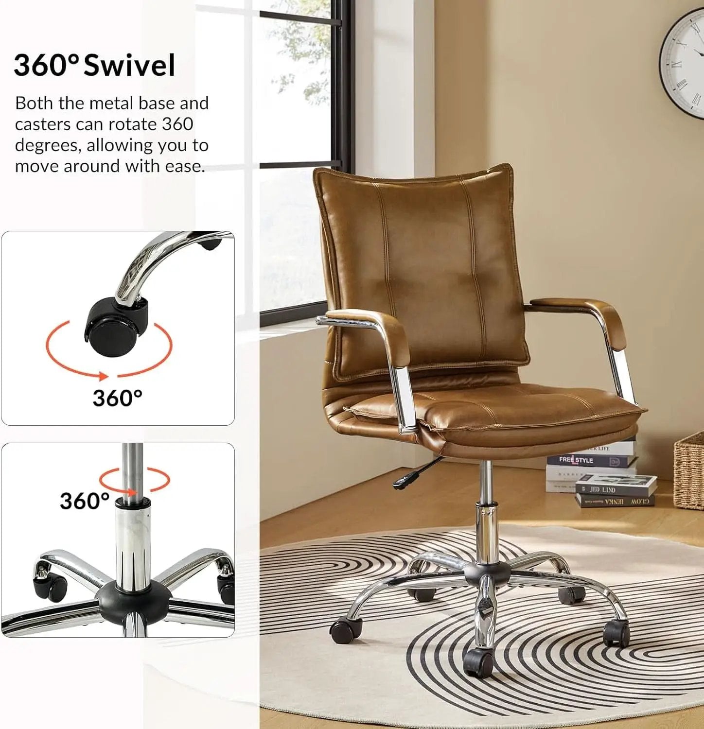 Faux Leather Adjustable Office Desk Chair Camel Armrests from PriceLows™
