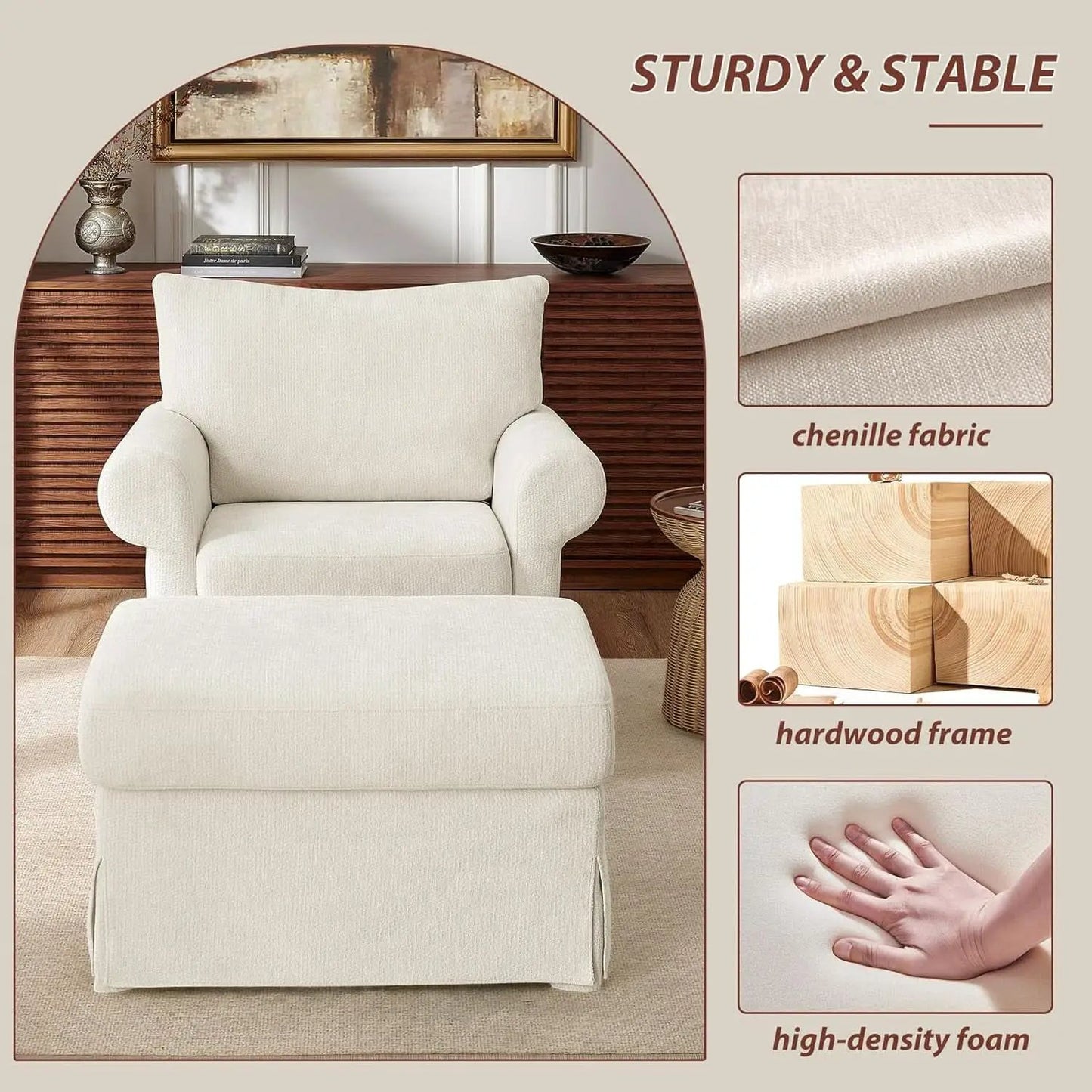 Beige Chenille Contemporary Ottoman Reading Chair Set from PriceLows™