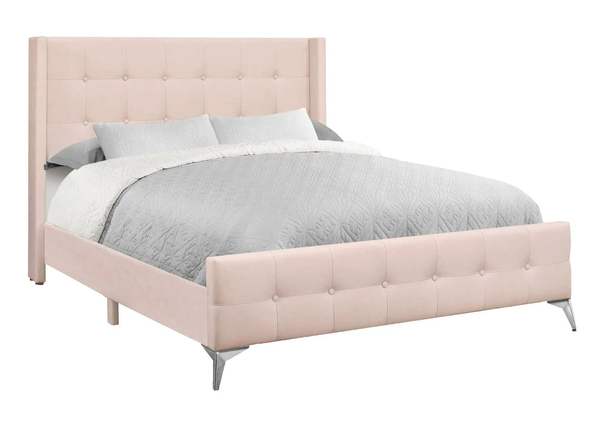 Queen Size Bed Upholstered - | 88 x 66 x 49.5 in | Velvet & Fabric | Pink