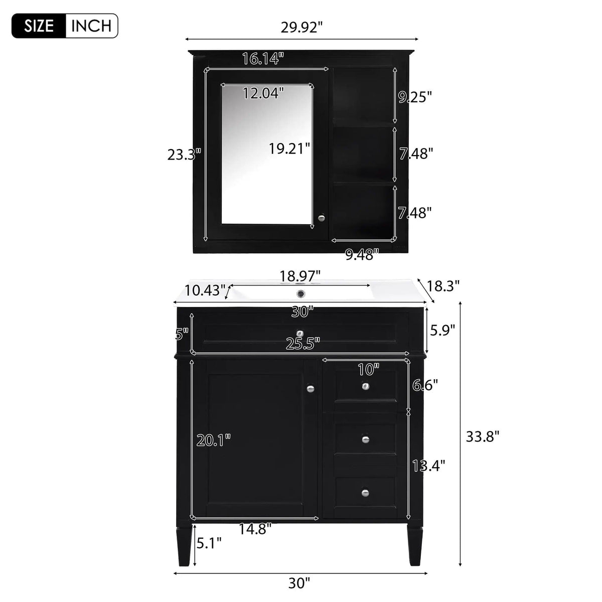 Bathroom Vanity With Top Sink, 2 Doors And 3 Drawers, Freestanding Set With Mirror | Vanity & Cabinet | Solid Wood & Ceramic | Bathroom