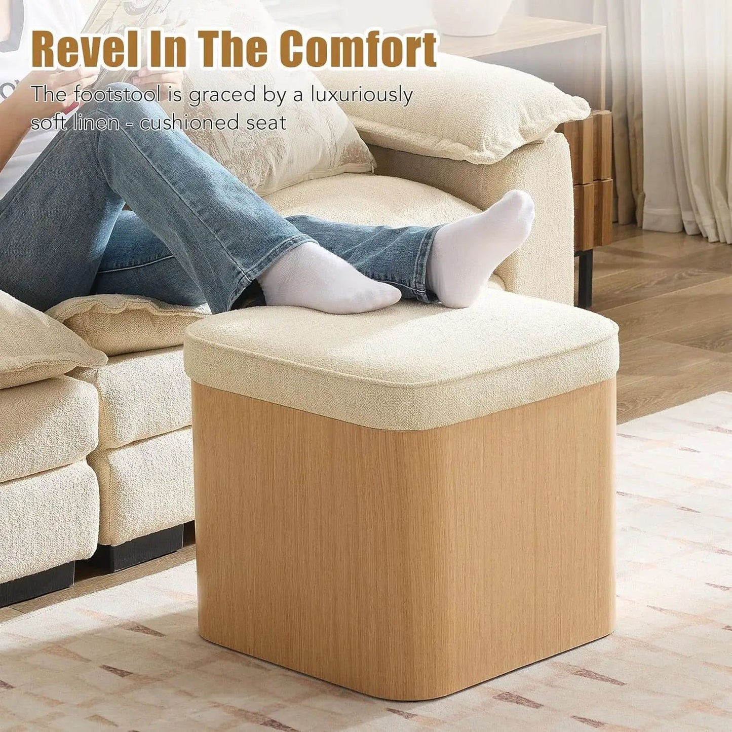 Beige Linen Upholstered Storage Ottoman With Footrest from PriceLows™