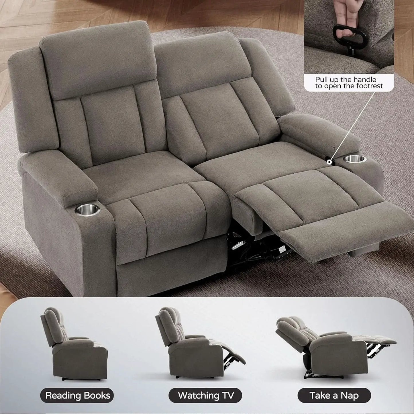 Manual Fabric Recliner Loveseat Sofa With Cup Holders 2 Seater Light Brown from PriceLows™