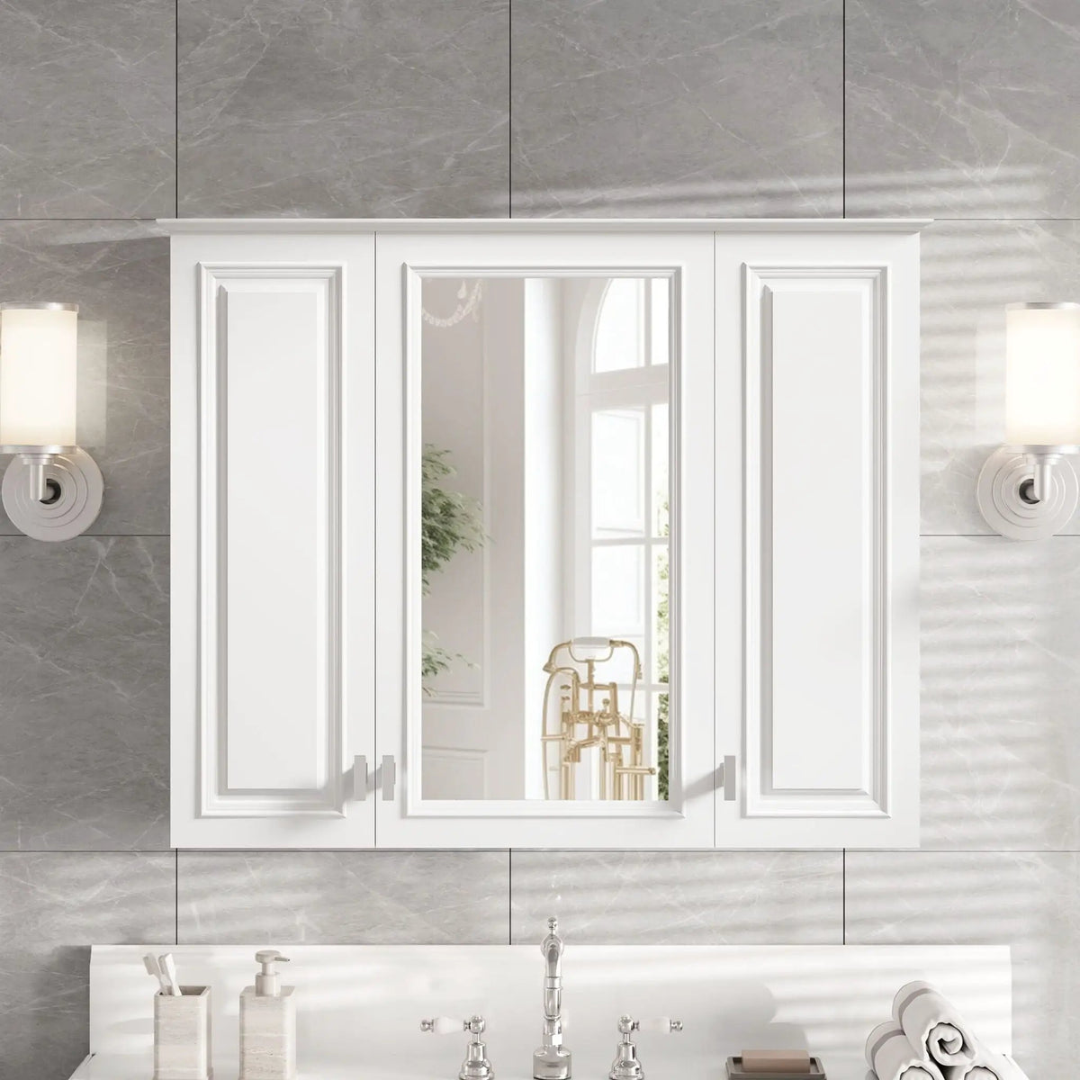 Wall Mounted Mirror Cabinet | 5 Adjustable Shelves | HD Mirror | White