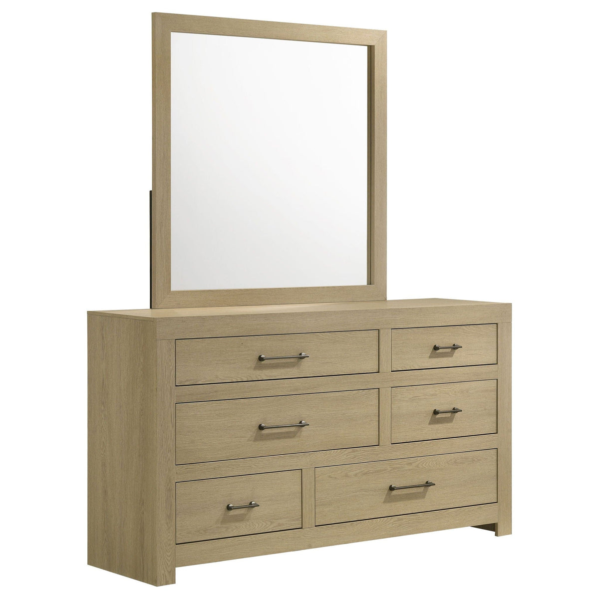 Hendricks 6-drawer Bedroom Dresser and Mirror | 60 x 16.75 x 73 in | Rubberwood & Engineered Wood | Light Oak