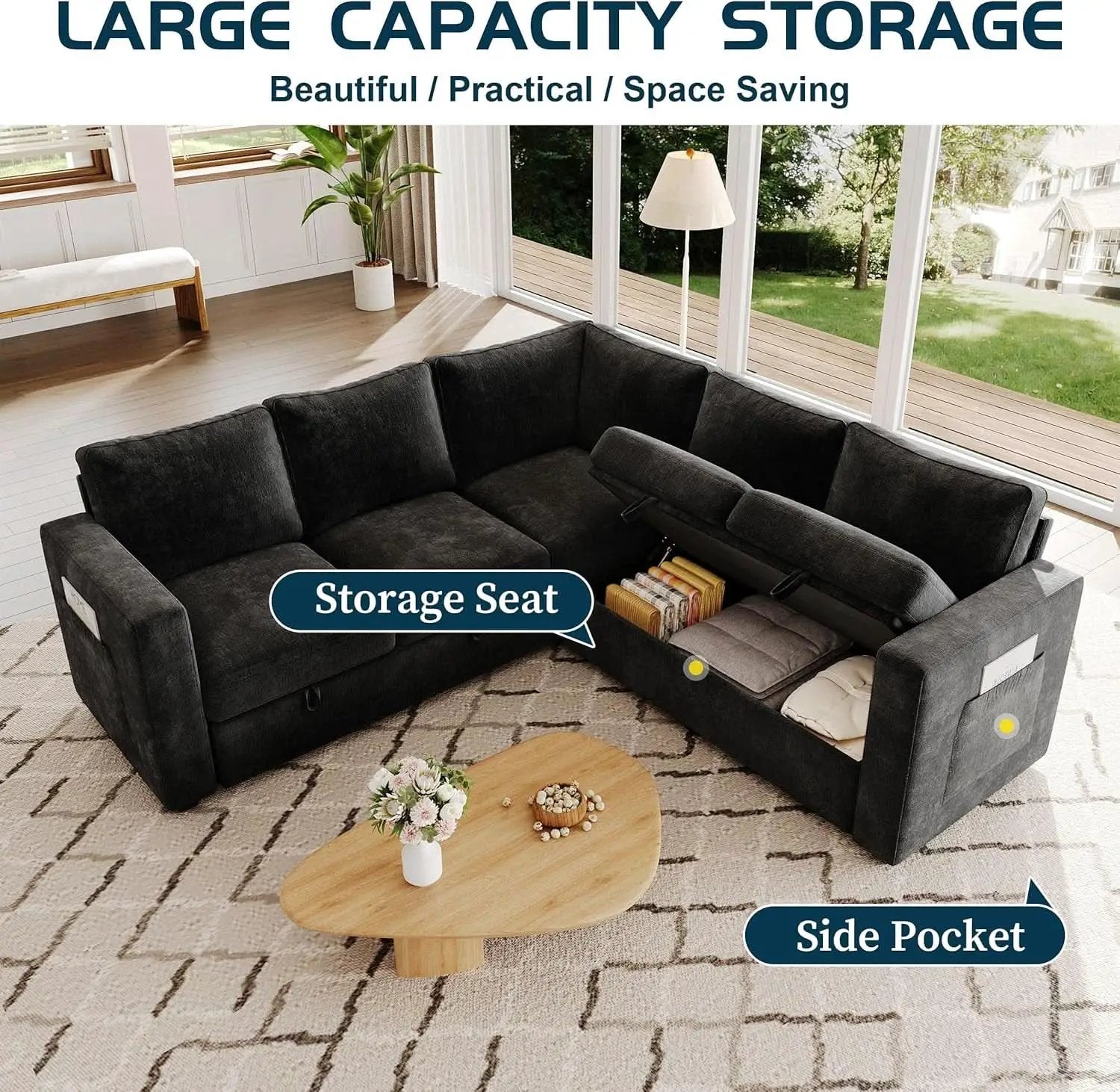 Black 83Inch Deluxe Sleeper Sectional Sofa With Storage from PriceLows™