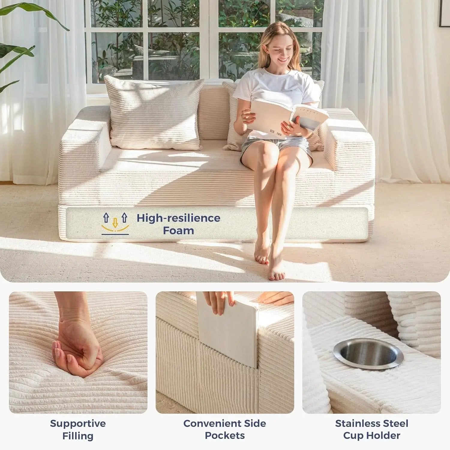 Beige Foldable Convertible Sleeper Sofa With CupHolders from PriceLows™