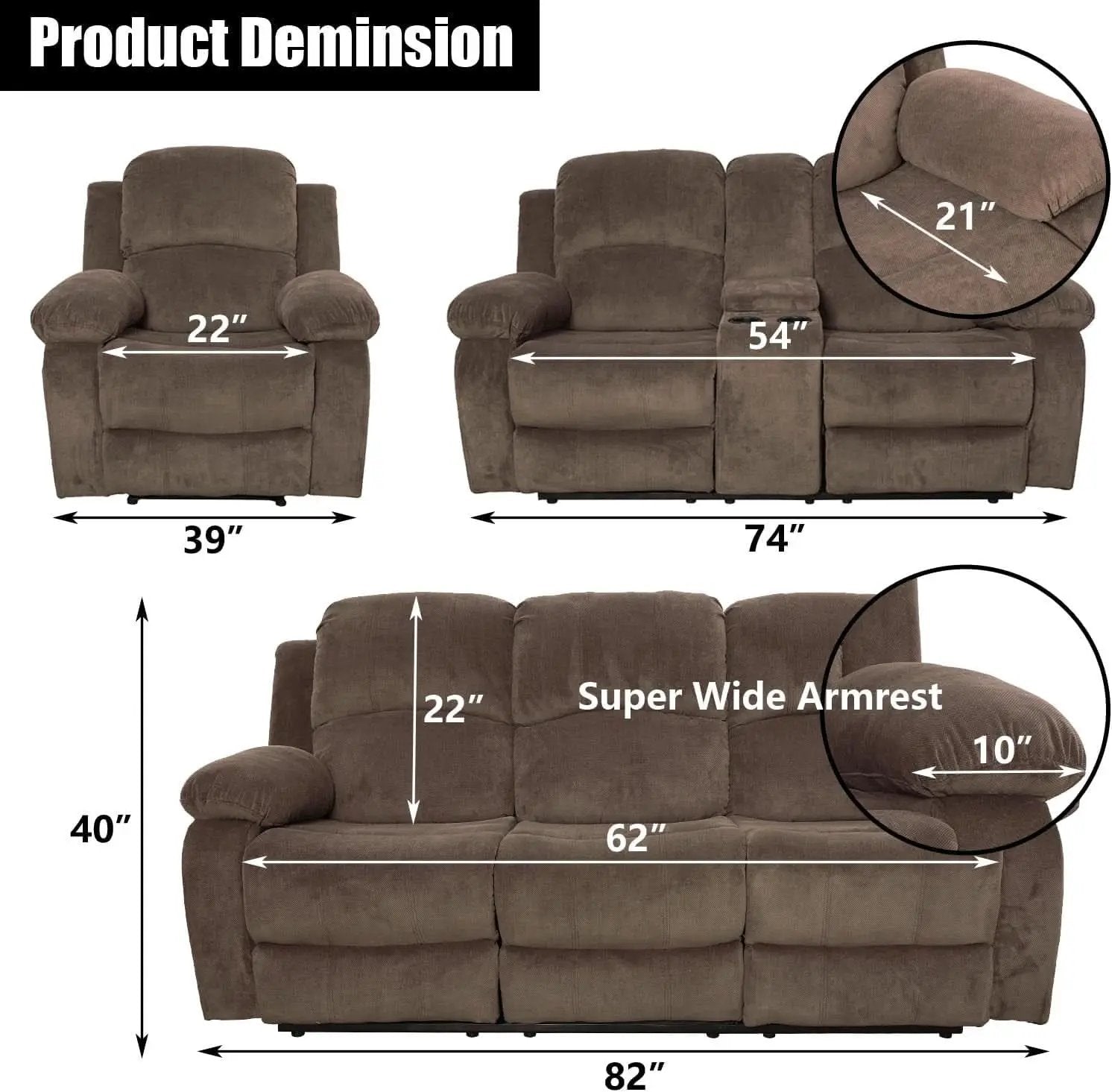 Recliner Sofa Set With Drop Down Table And Storage Console Brown Velvet from PriceLows™