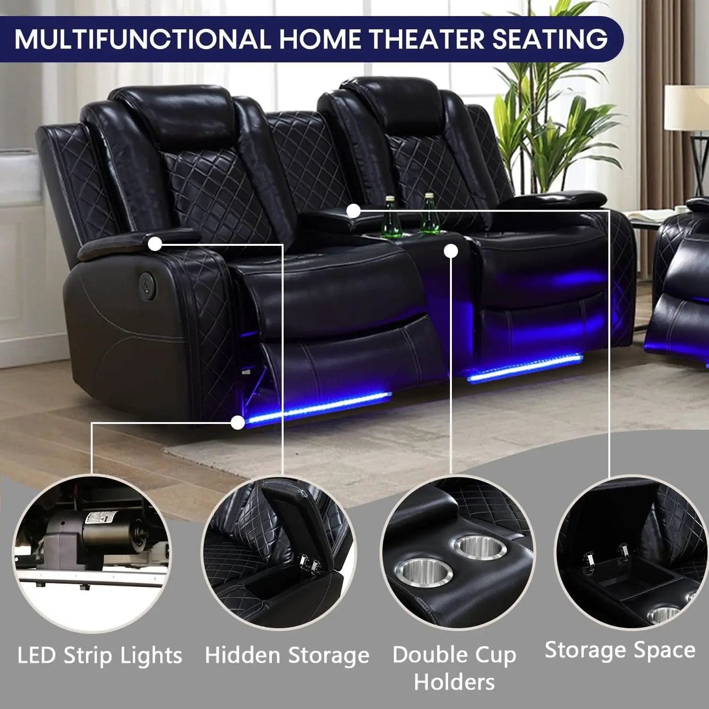 Power Recliner Sofa With LED Lights Black Leather 2 Piece from PriceLows™
