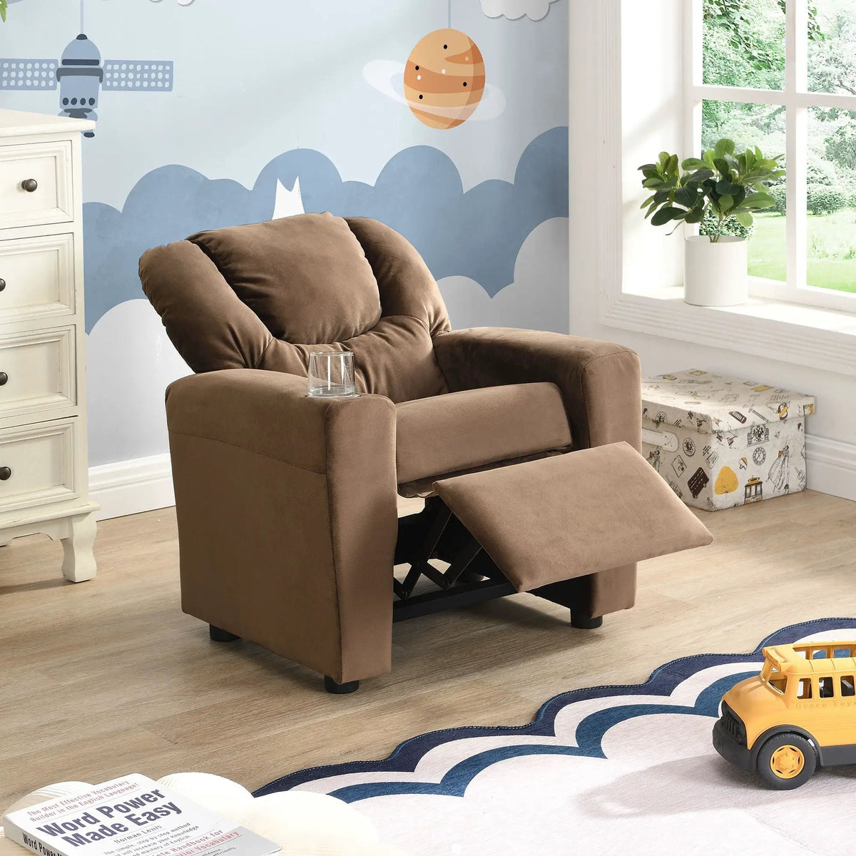Kids Recliner Chair | Upholstered | Two Cup Holders | Black