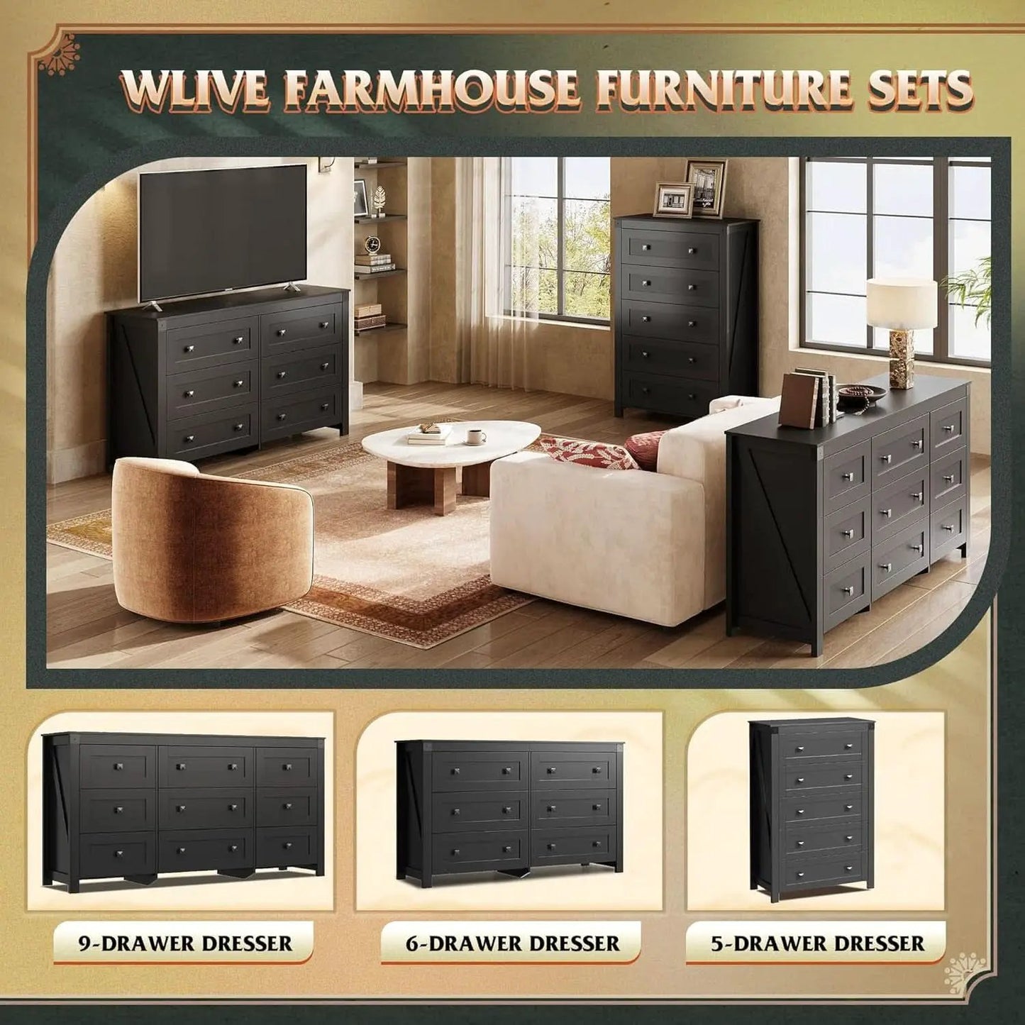 Farmhouse Black 6 Drawer Dresser 53InchWide Storage from PriceLows™