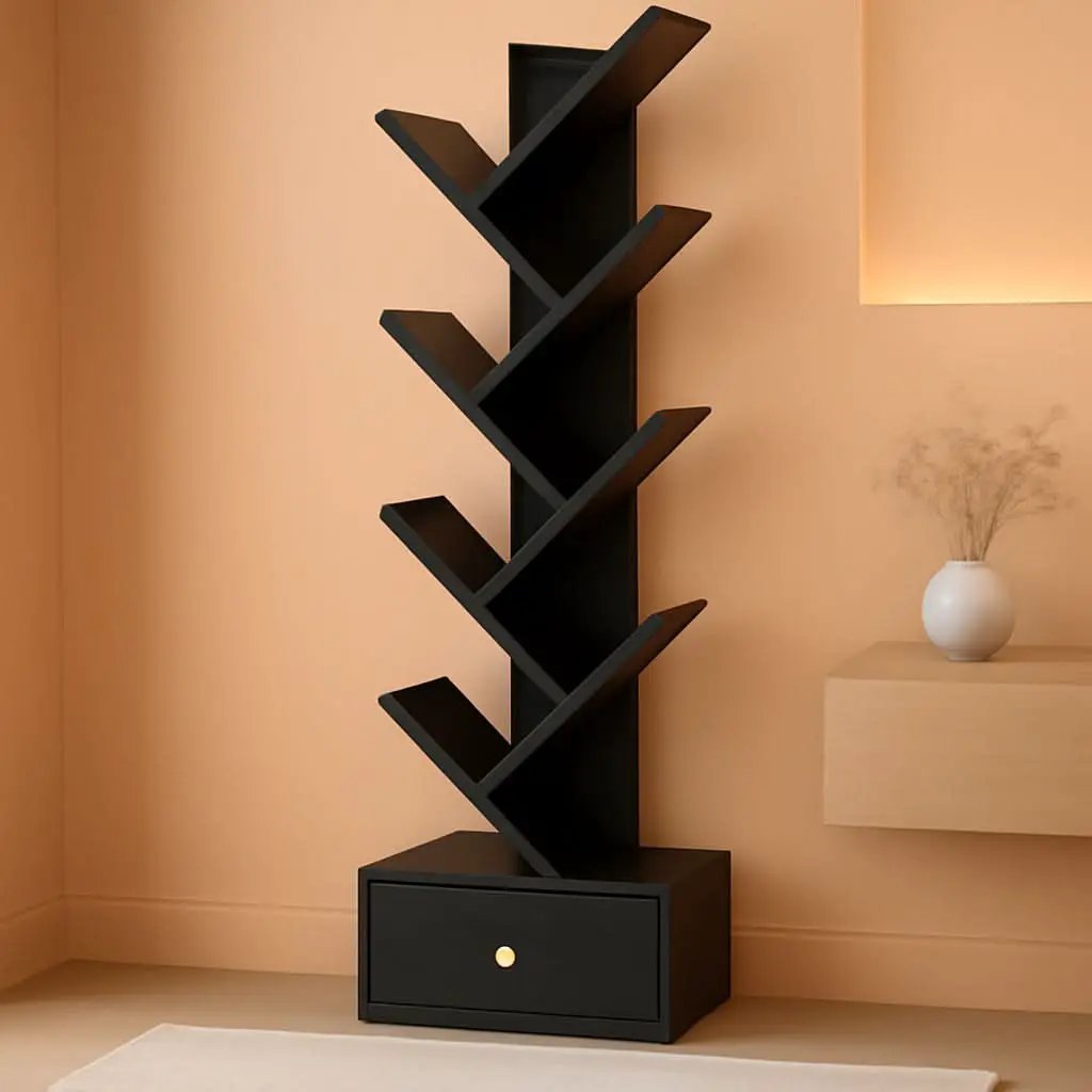 8 Tier Tree Bookshelf Drawer Freestanding Black Bookcase from PriceLows™
