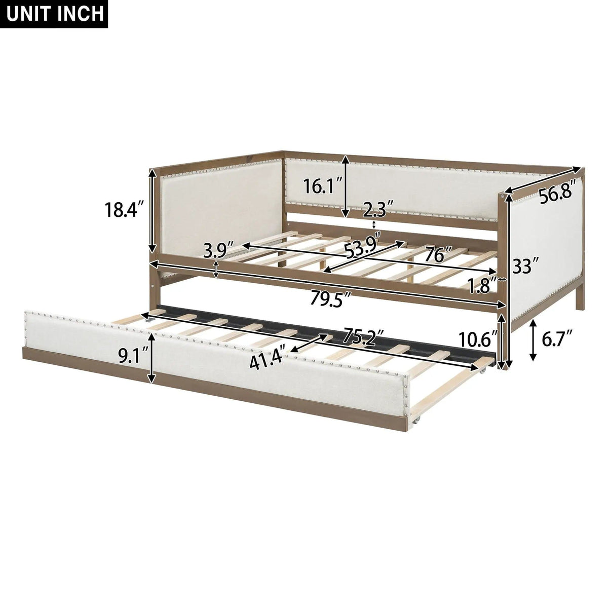 Full Size Daybed With Trundle And Nailhead Decoration Wood | 79.5 x 56.8 x 33 in | Pine Wood & Linen | Bedroom