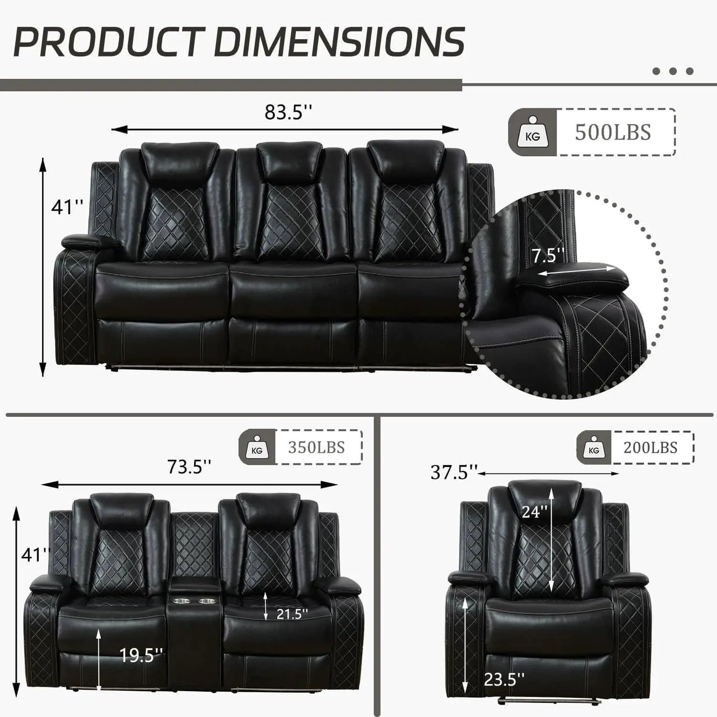 Leather Power Recliner Sofa Set With LED USB Ports Black from PriceLows™