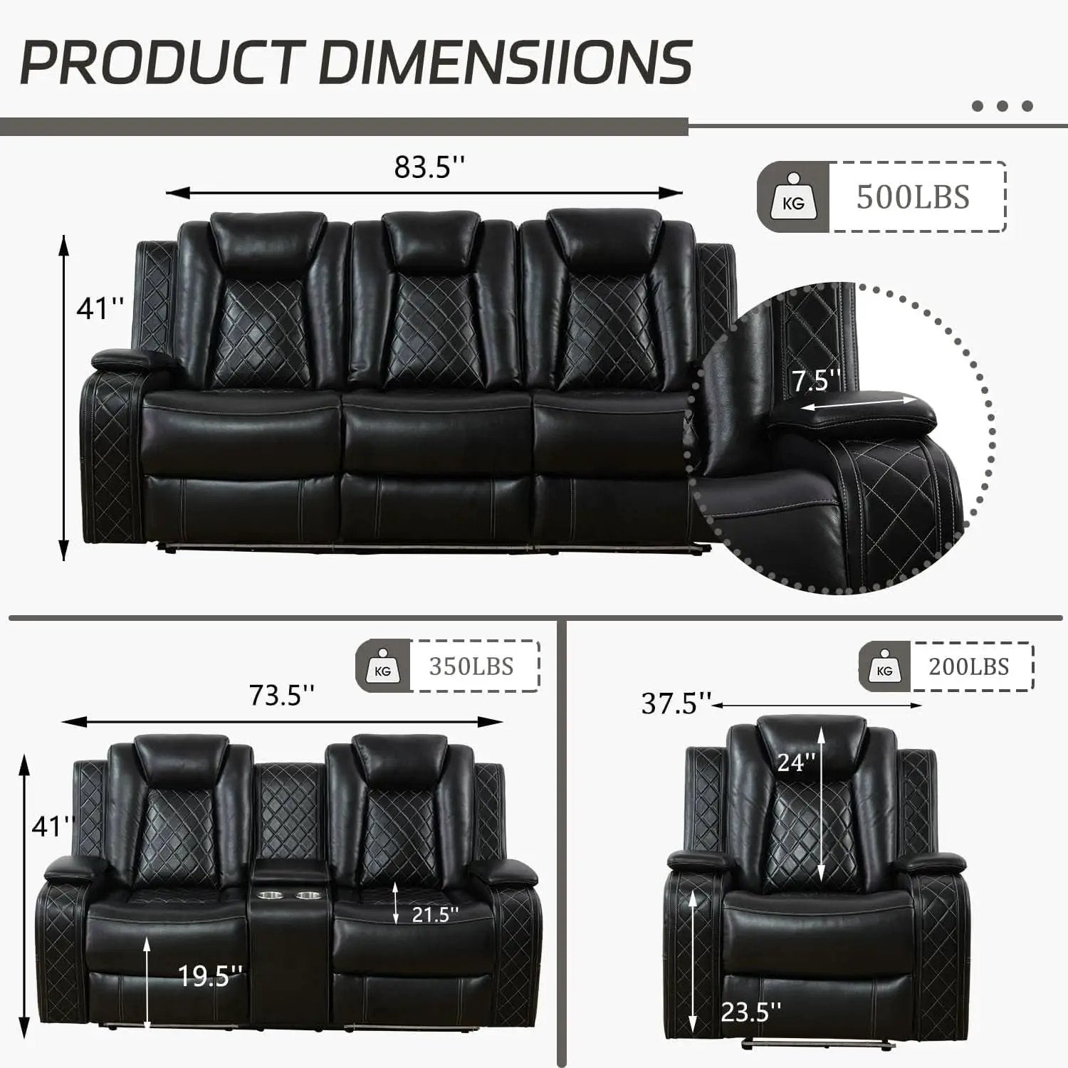 Leather Power Recliner Sofa Set With LED USB Ports Black from PriceLows™