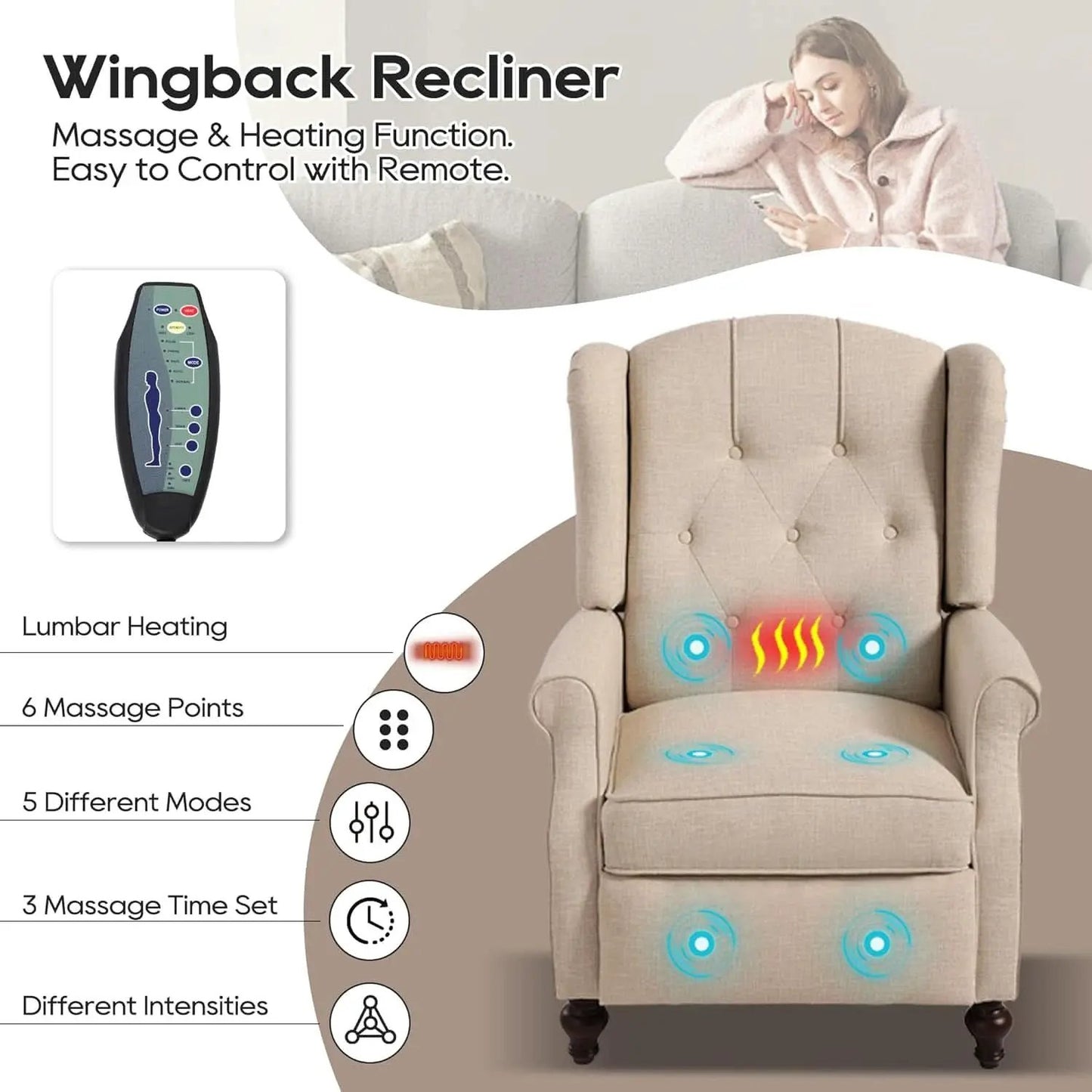 Wingback Recliner Chair With Massage And Heat Tufted Fabric from PriceLows™