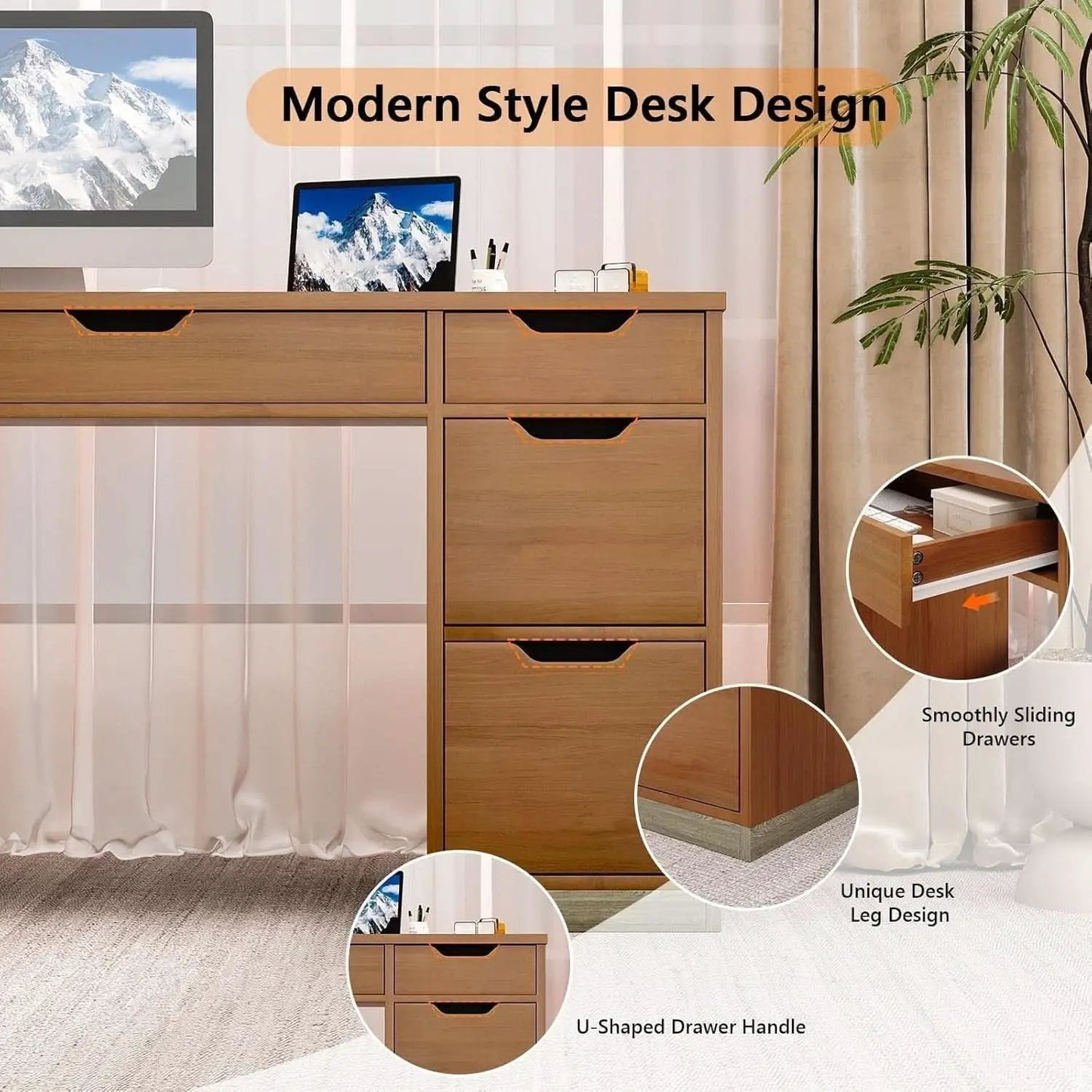 54 Inch Walnut Finish Executive Desk With Seven Drawers from PriceLows™