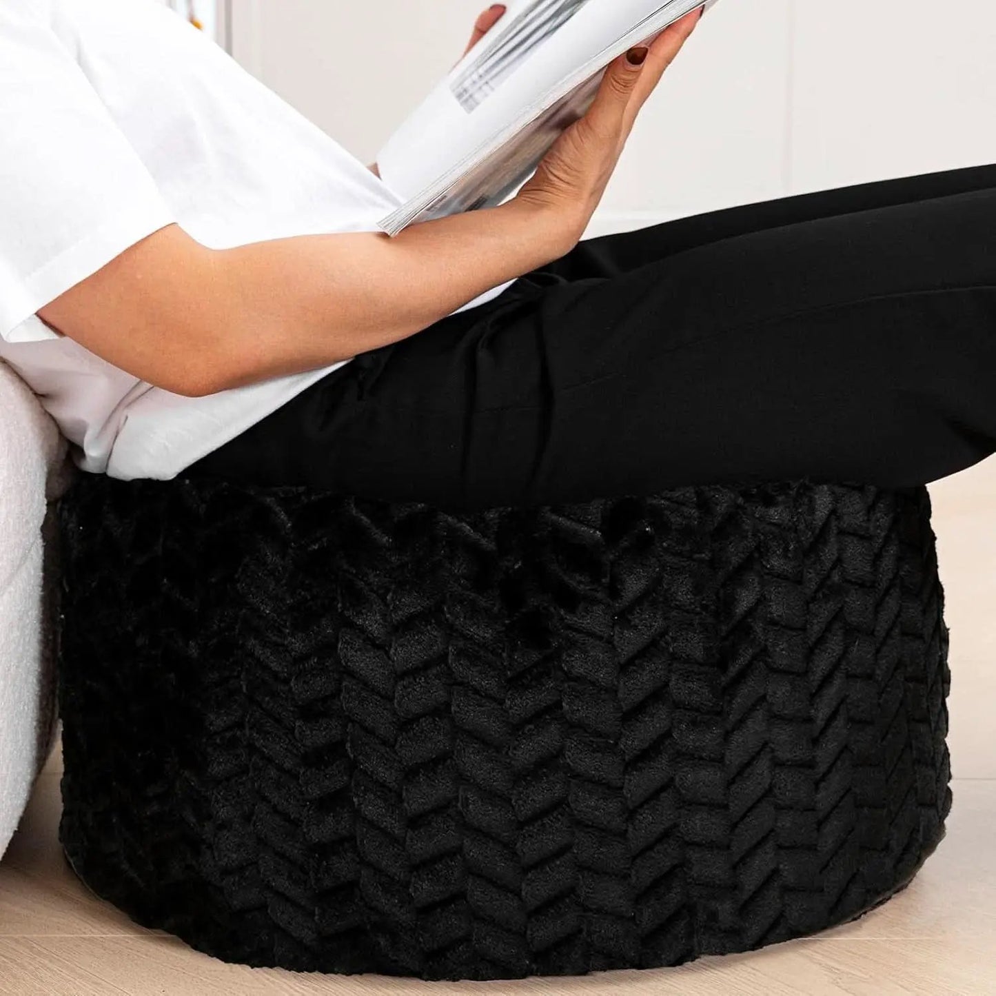 Round Plush Pouf Ottoman 20x12 Inches Black Upholstered from PriceLows™