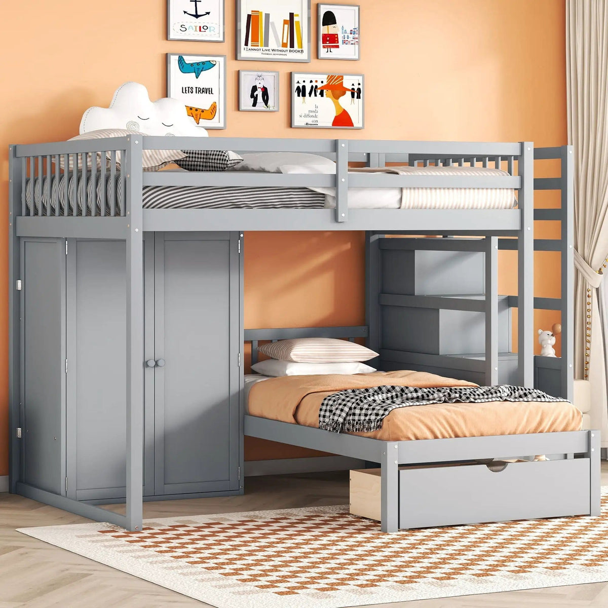 Bunk Bed With Wardrobe, Drawers | 2 Pieces | Bedroom Furniture | Bedroom
