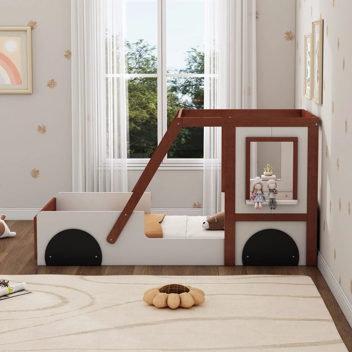Twin Car Bed | Solid Wood Frame | Car Shaped Design | White Orange