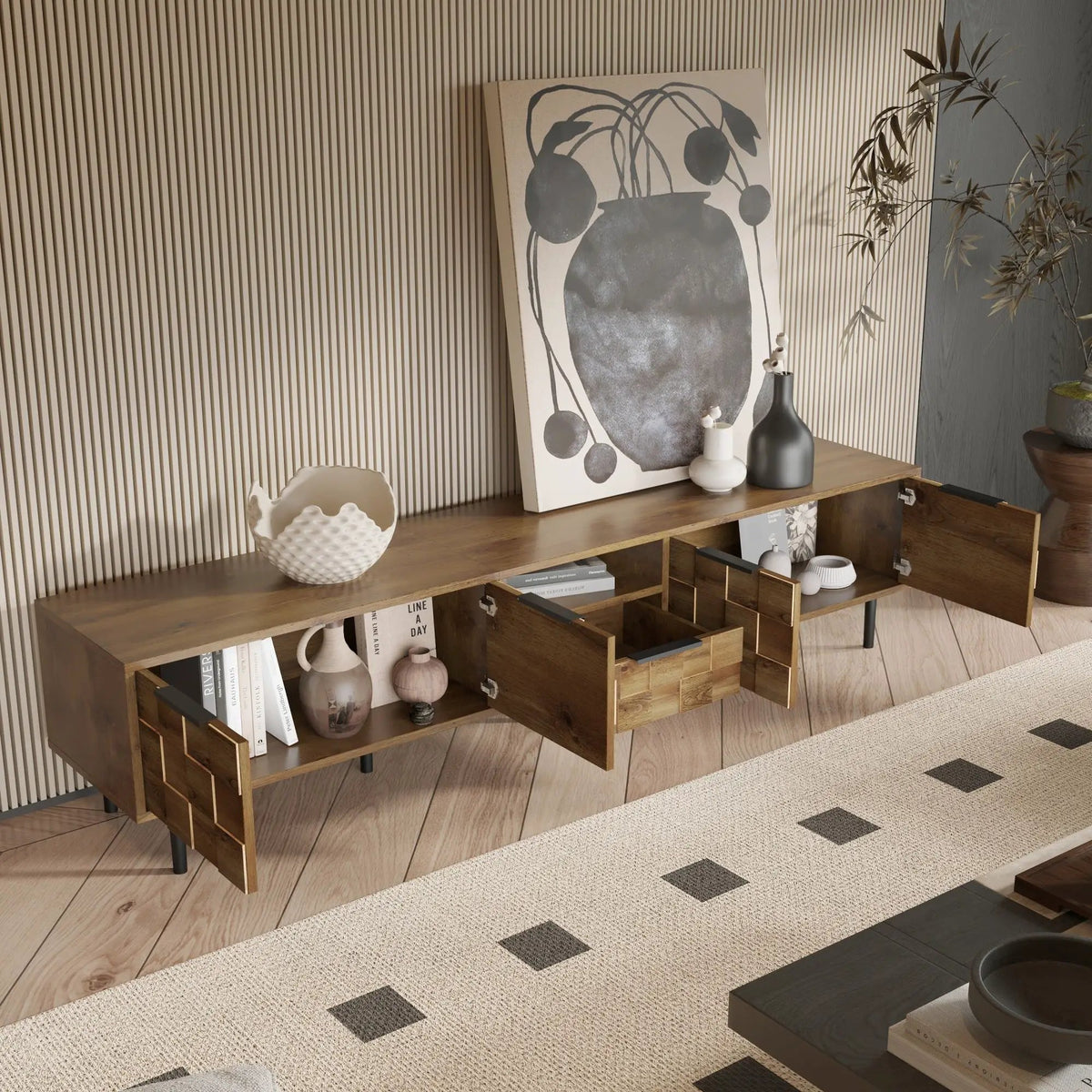 Natural TV Stand | L Shaped Handles | Checkered Design | Four Soft-Closing Cabinets
