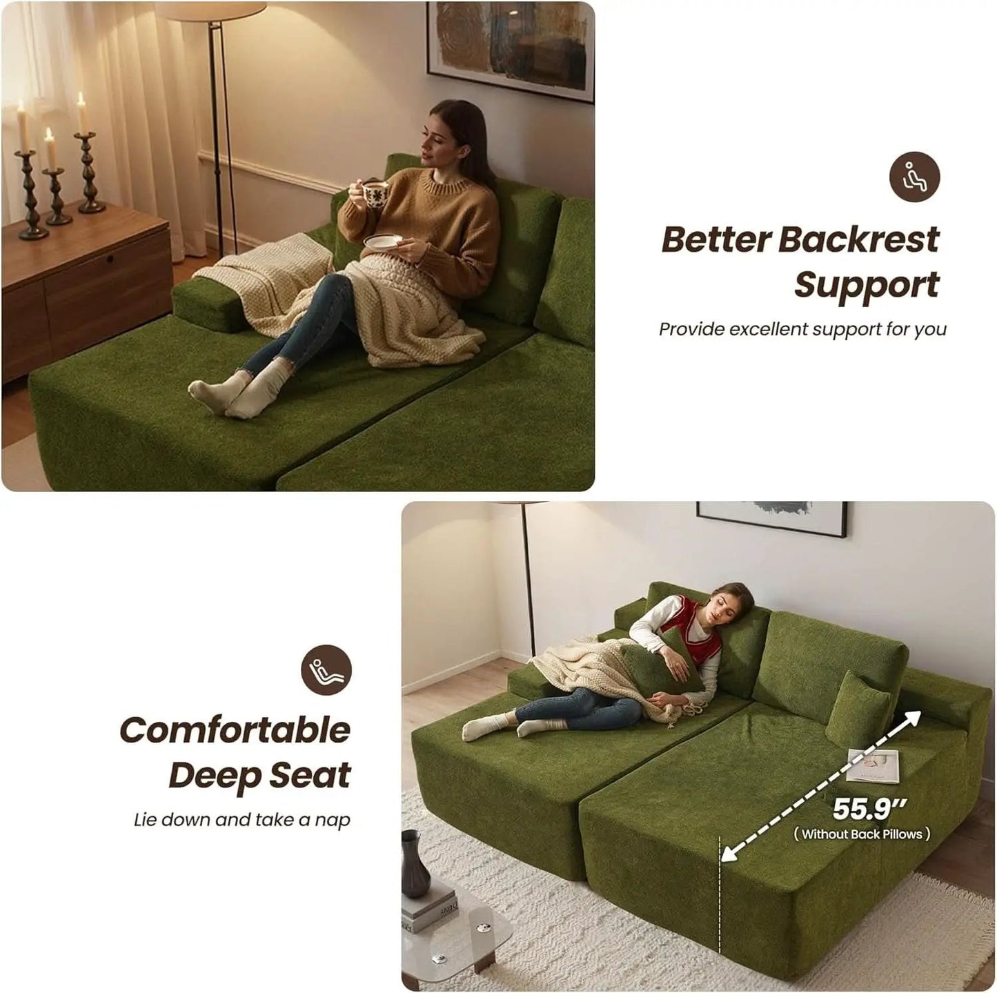 Green Cloudlike Velvet Oversized Double Chaise Lounge from PriceLows™