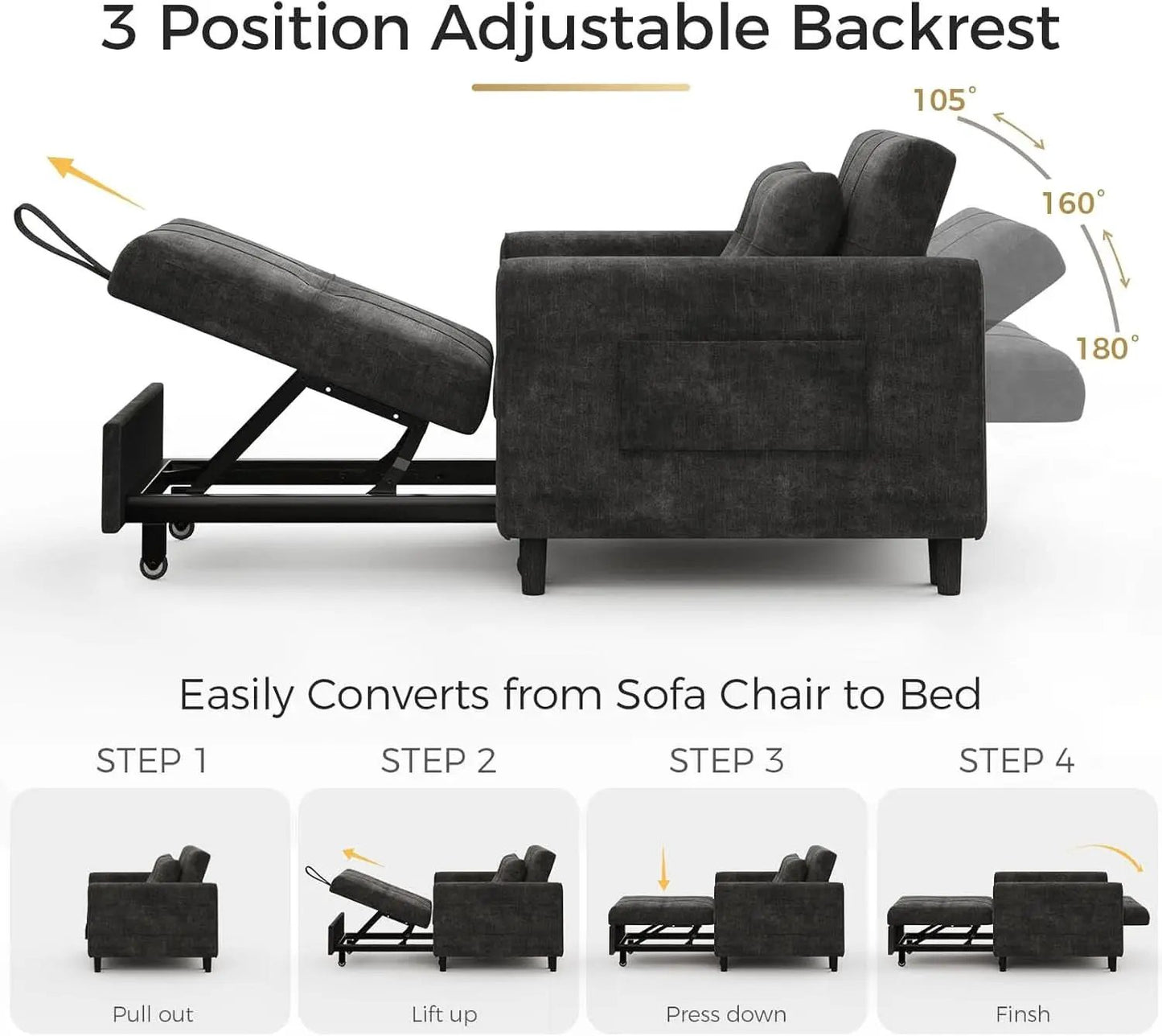 Black Upholstered Sleeper Chair Pull Out Bed For Small Rooms from PriceLows™