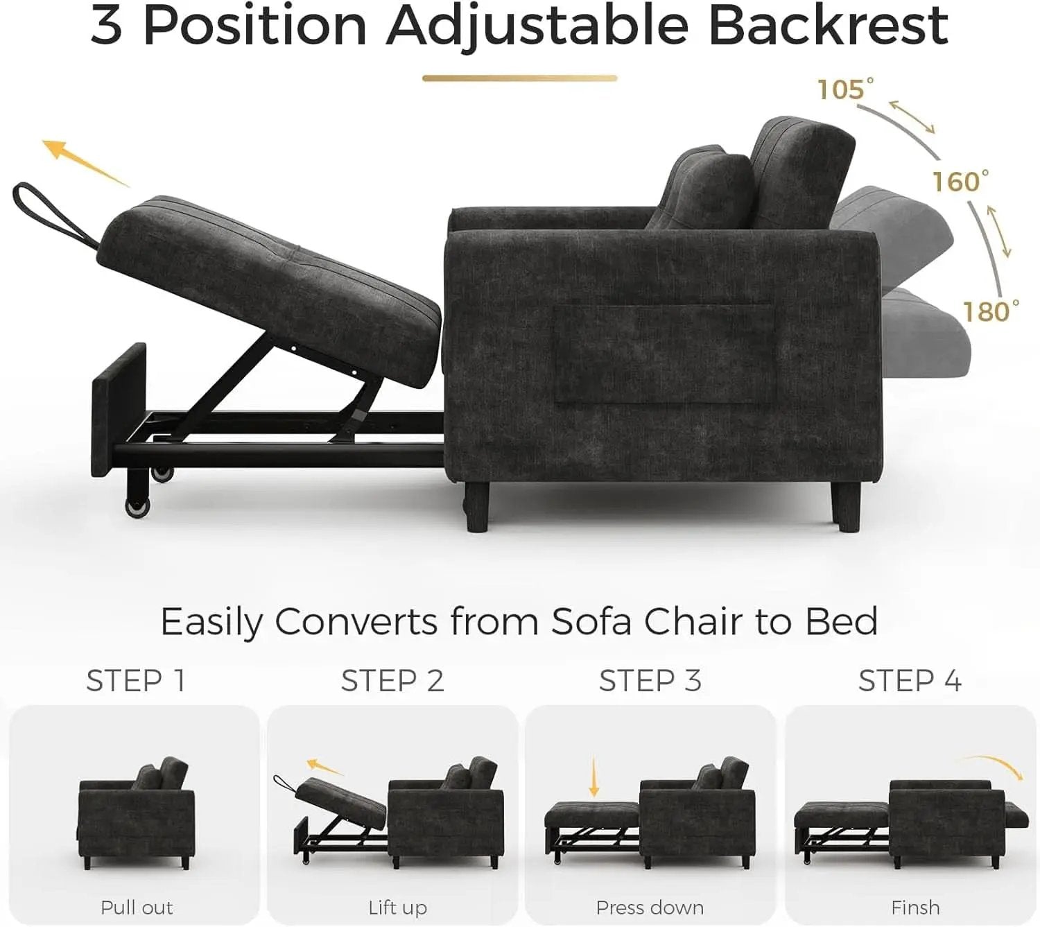Black Upholstered Sleeper Chair Pull Out Bed For Small Rooms from PriceLows™