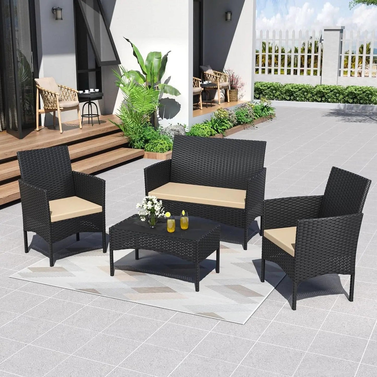 Stylish Four Piece Outdoor Rattan Patio Furniture Set from PriceLows™