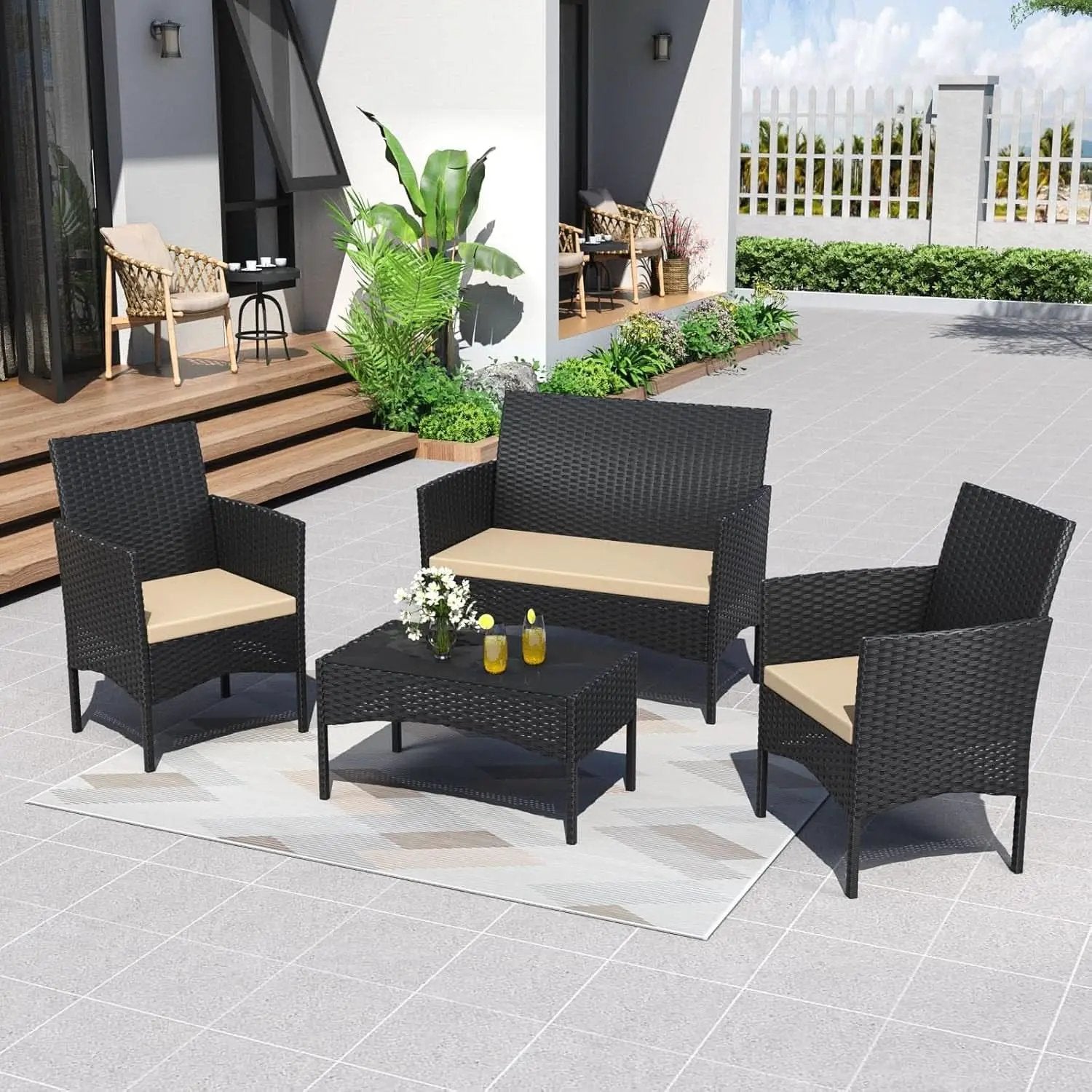 Stylish Four Piece Outdoor Rattan Patio Furniture Set from PriceLows™