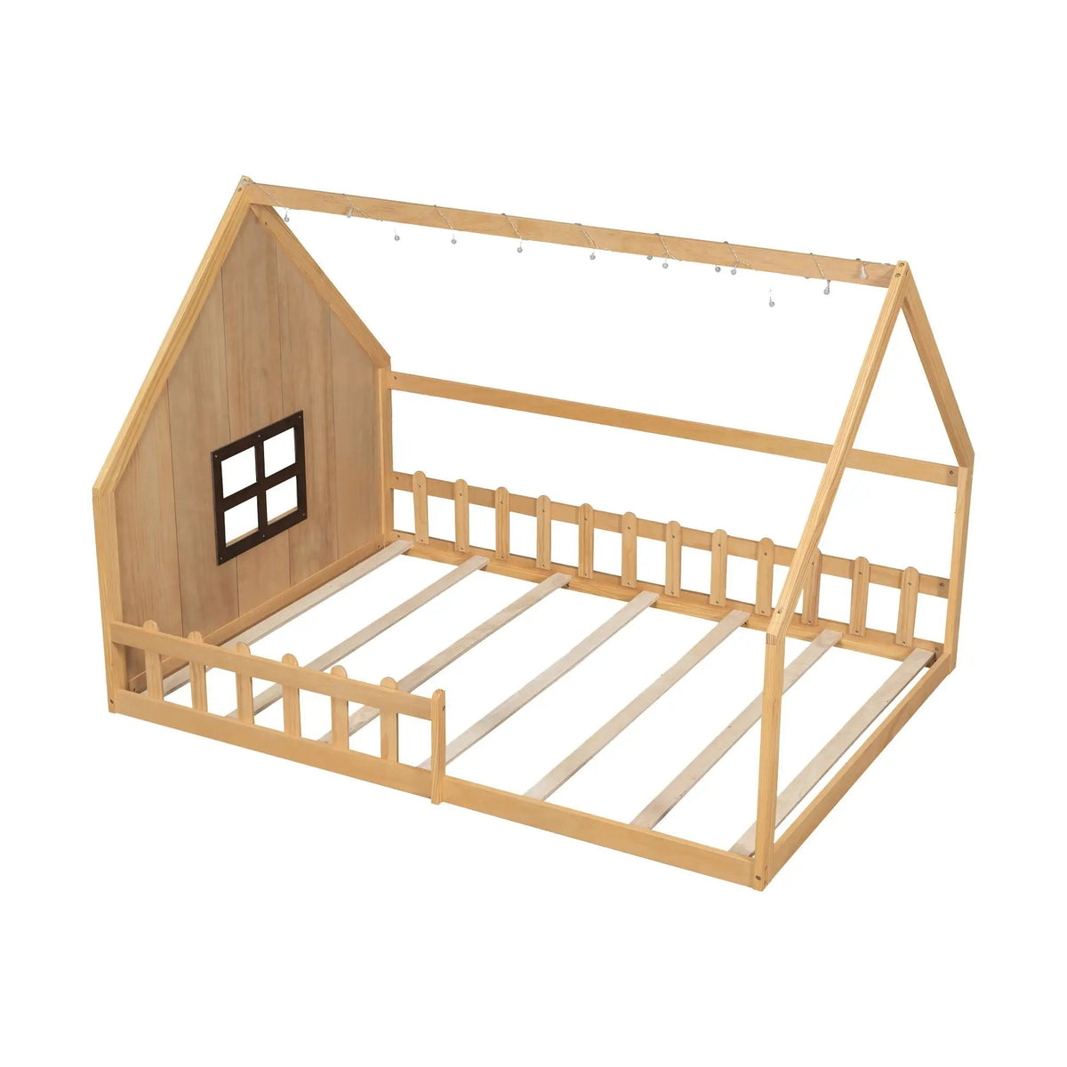 Platform House Bed | Window And Fence Design | Solid Pine Wood | Built-In LED Light