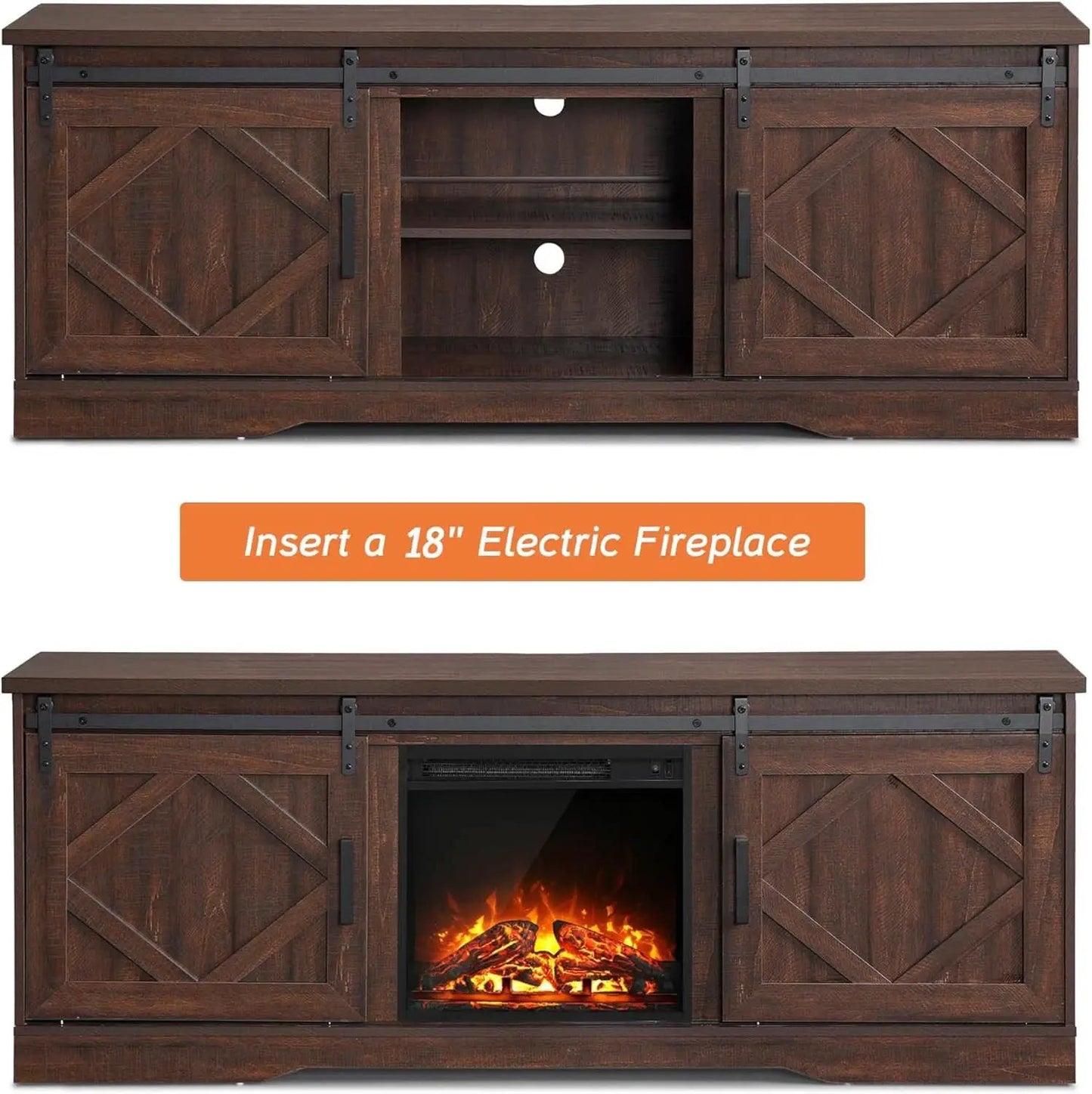 75 Inch Rustic Brown Barn Door TV Stand With Storage from PriceLows™